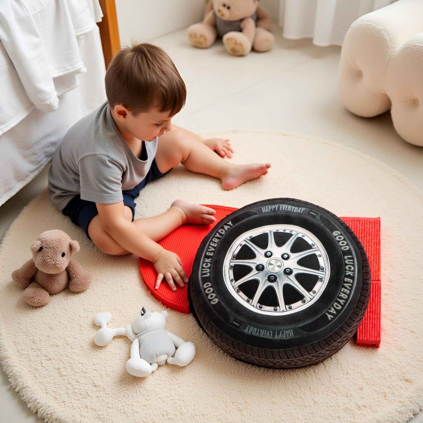 15.7 Inch Big Creative 3D Simulation Wheel Plush Pillow,Soft Car Tire Pillow Wheel Toy Outdoor Cushions for Car Owners,Clever Boy's and Girl's Room Decor,Perfect Stress Relief Gifts for Kid