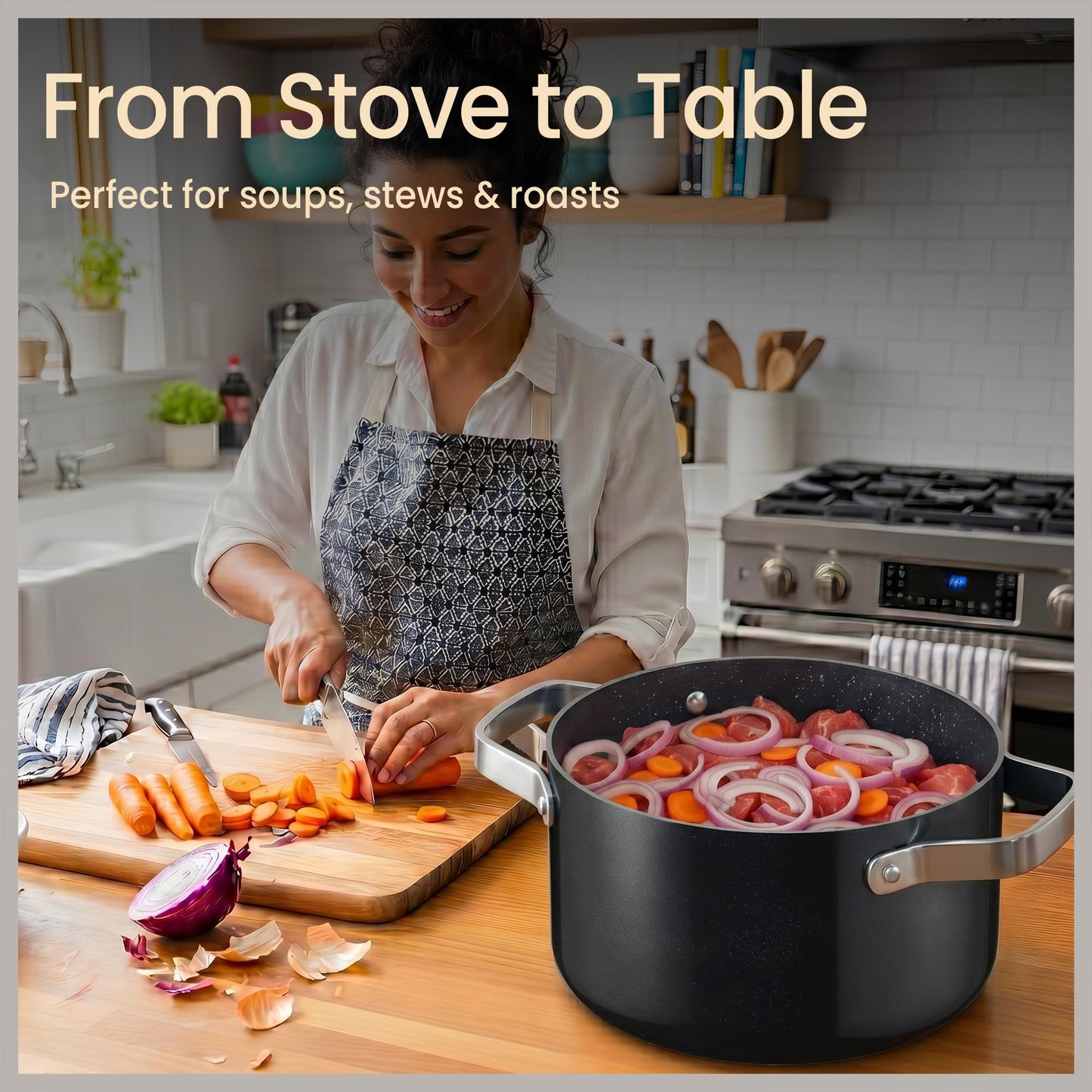 Bakken 12.5 Quart Ceramic Coated Stock Pot with Lid, Easy Clean Nonstick Pot, Tempered Glass Lid, Riveted Stainless Steel Handles, Oven Safe Up To 500°F, PTFE & PFAS Free, All Stove Compatible, Black