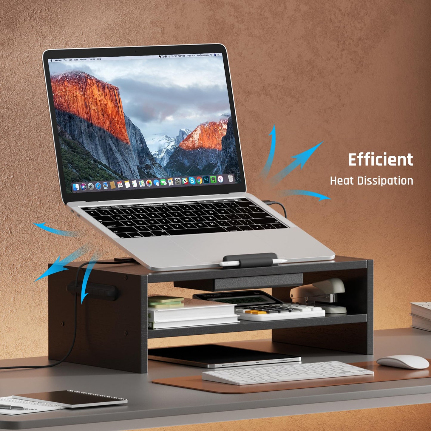 AFOOYO Adjustable Wood Laptop Stand, Ergonomic Height Angles Computer Holder Riser for Desk Compatible with Air, Pro, Dell, HP, Lenovo More 10-17.3" Laptops, Black
