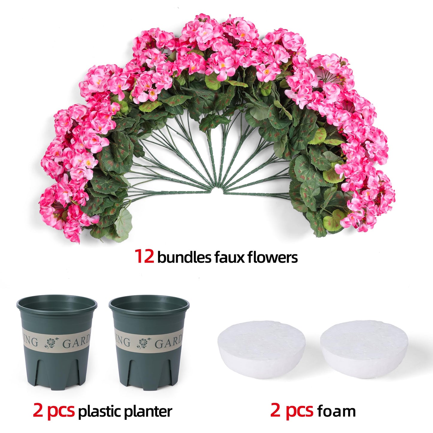Geraniums Artificial Flowers for Outdoors, 2 Pack Potted Plants Pink Faux Geraniums Bush Artificial Topiaries Realistic UV Resistant Fake Flowers Plants for Planters Outside Gardens Front Door Indoor