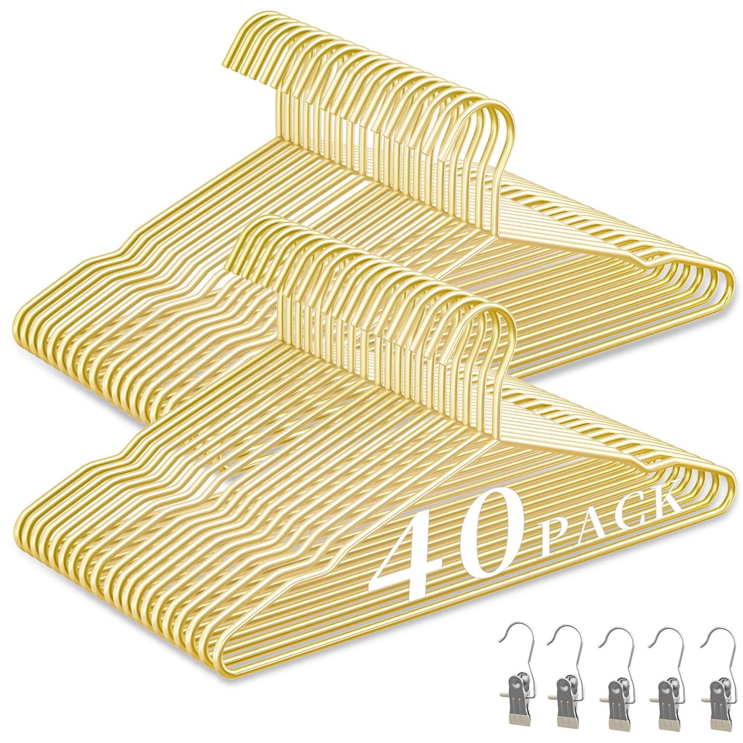 40Pack Gold Hangers + 5 Clothes Pins, Premium Glossy Gold Strong Metal Hangers, Upgraded Thickened Reinforced 50lbs Weight Capacity, Suitable for Heavy Coats, Jackets, Shirts, Dresses