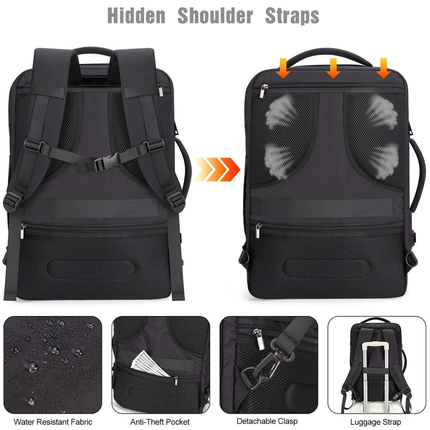 Tzowla 40L Expandable Travel Laptop Backpack for Men Women Carry on Flight Approved,Large Capacity Anti Theft Backpacks with Giant Tumbler Holder Pocket,Personal Item Bag Fit 17.3" Computer（Black