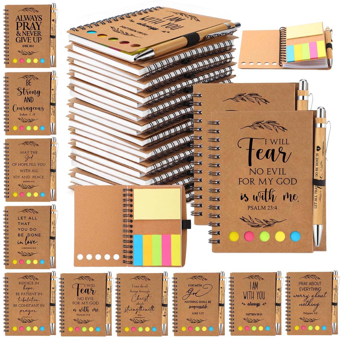Kosiz 140 Pcs/ 70 Set Christian Gift for Church Bulk Prayer Bible Verse Pen Religious Spiral Notebook with Sticky Notes for Study Group Member Back to School Teacher VBS Sunday School Supplies (Kraft)