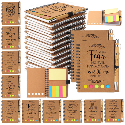 Kosiz 140 Pcs/ 70 Set Christian Gift for Church Bulk Prayer Bible Verse Pen Religious Spiral Notebook with Sticky Notes for Study Group Member Back to School Teacher VBS Sunday School Supplies (Kraft)
