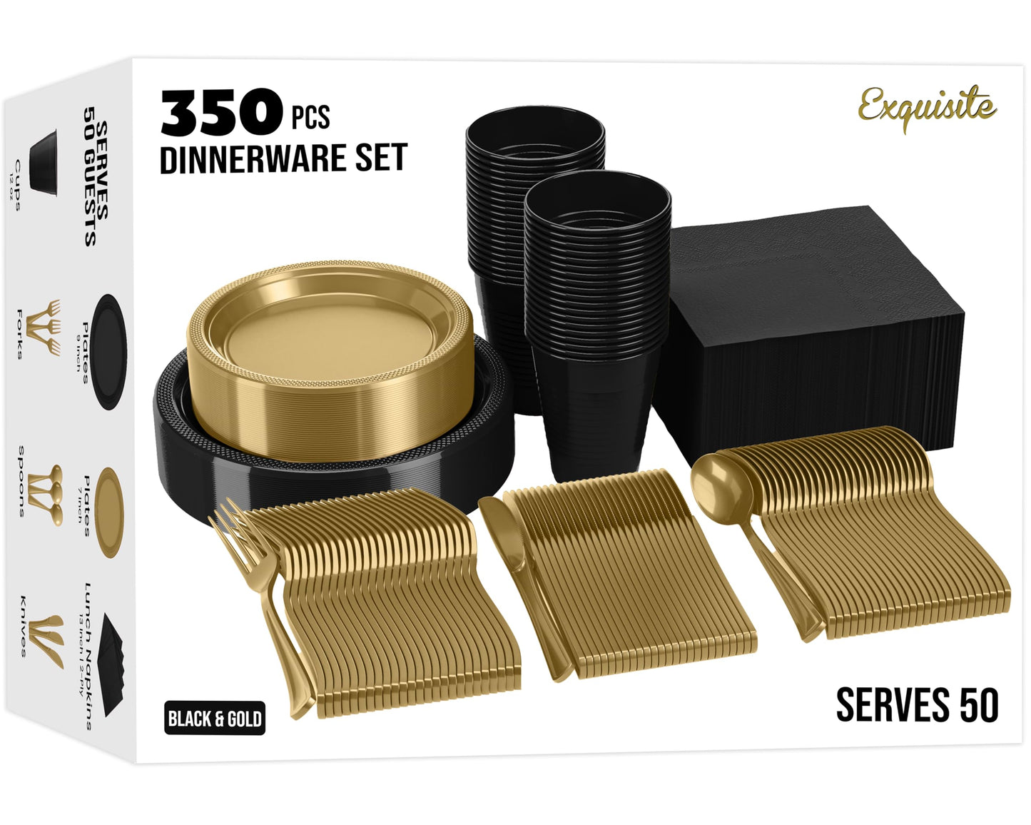 350 Pcs Black & Gold Plastic Plates For Party, Black & Gold Disposable Plates Set, 50 Of Each 9" Dinner Plate Set, 7" Dessert Plate, Cups, Napkins & Cutlery Plastic Dinnerware Exquisite