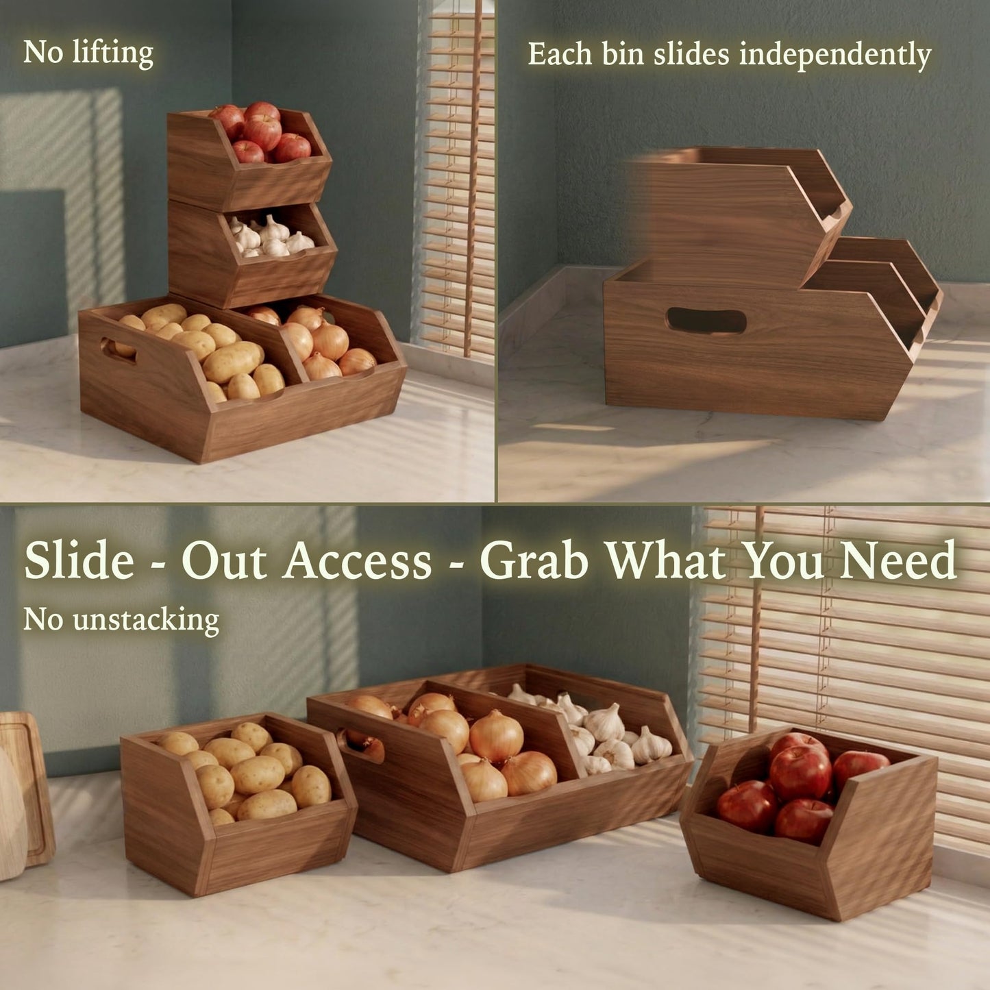 Acacia Wood Pantry Storage Bins, Stackable Storage Baskets Potato and Onion Storage Bins, Pantry Organizer Wooden Baskets Organization and Storage, Set 3 Pieces