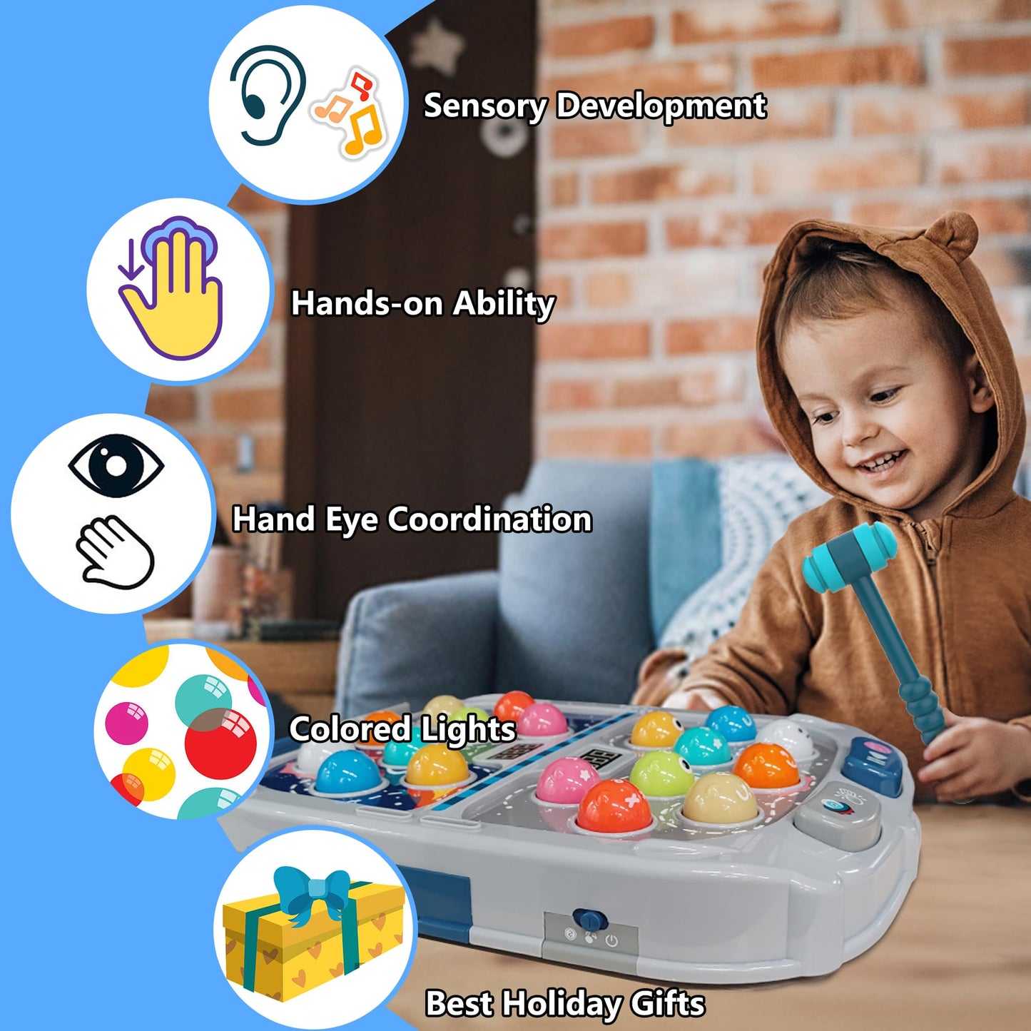 Hammering Pounding Game for Toddlers, Toys for 3+ Year Old Boys, Interactive Pounding Toy for Kids, 9 Speeds for Beginners/The Skilled/Experts to Challenge, 11x15Inch Pounding Toy with Sound and Light