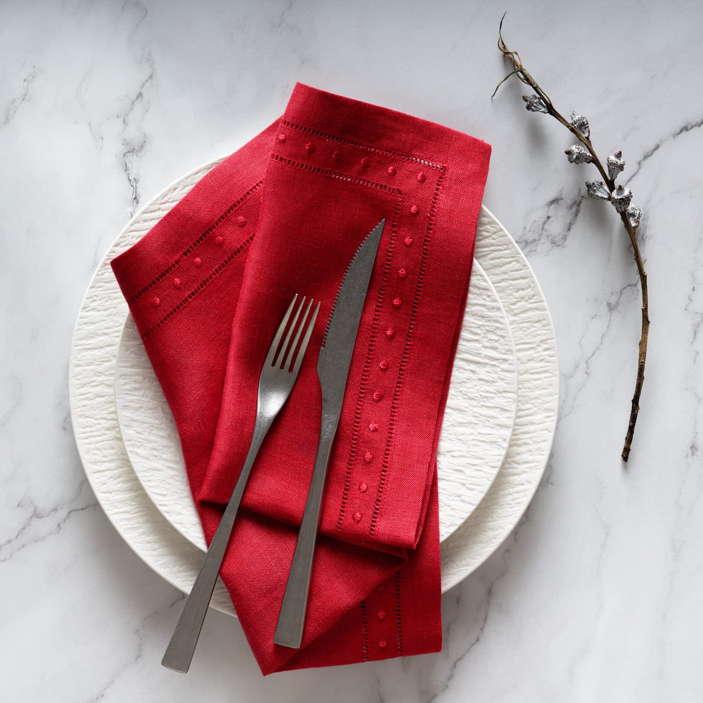 Linen Napkins Set of 4-100% Pure Linen Red Embroidered Dinner Napkins - Hemstitch Cloth Napkins Washable for 4th of July