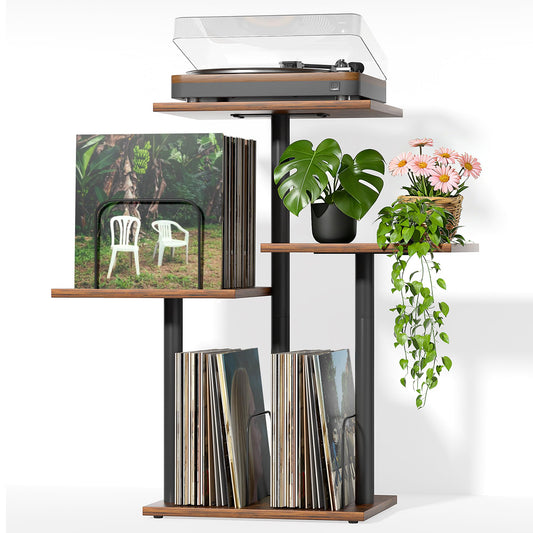 Bikoney Botanical Record Player Stand,Vinyl Record Storage Holder with Plant Stand, Vintage Turntable Stand Table with Record Album Display Shelf,Unique Record Console Cabinet,Mid Century Modern Wood
