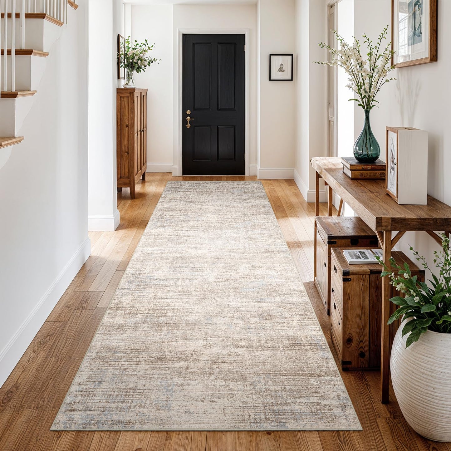 3x10 Hallway Washable Runner Rug - Non-Slip Kitchen Rugs with Rubber Backing Abstract Low-Pile Carpet Runners for Laundry Room Home Decor Bedroom Bathroom Entryway (Ivory Beige Distressed,3x10)