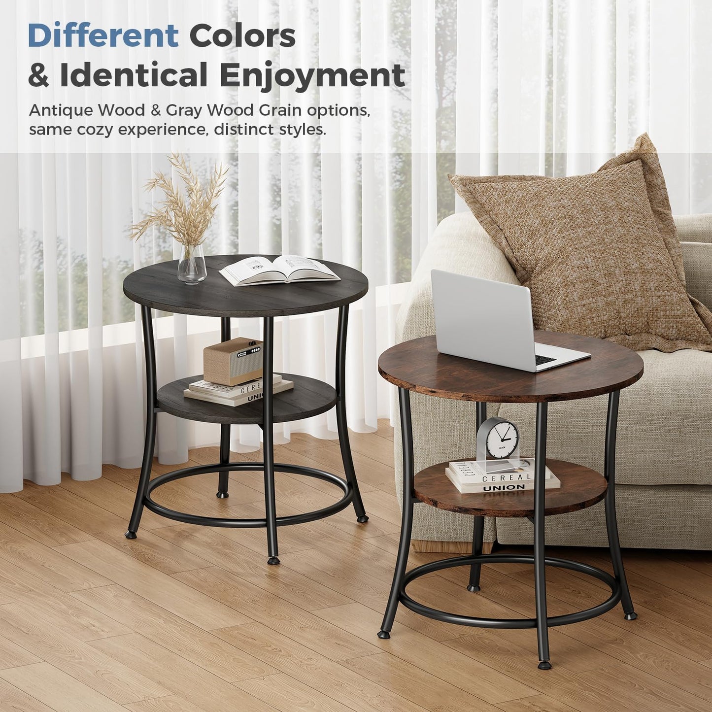DUMOS Side Round Table for Living Room, 2-Tier Accent End Table with Storage Shelf,Sturdy Metal Frame Nightstand for Small Space, Round Bedside,Rustic Brown and Ink Black