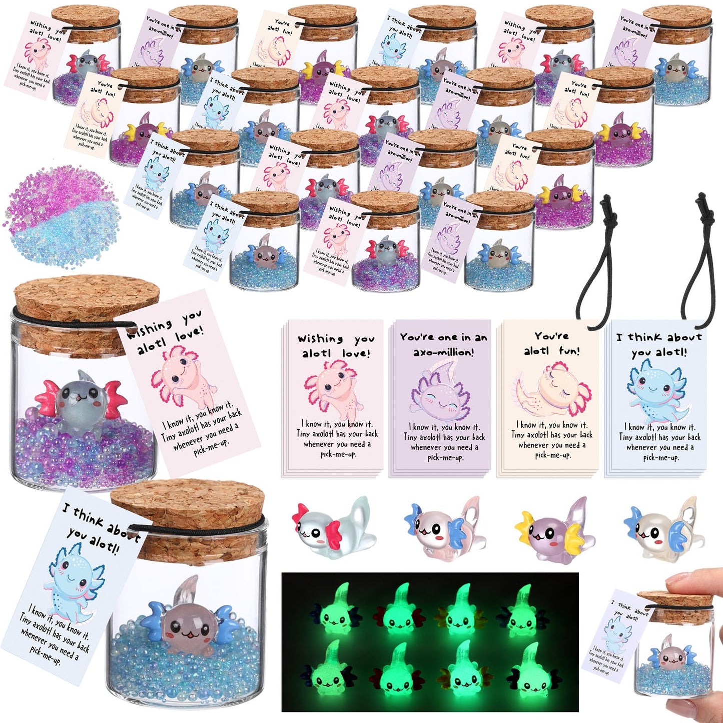Seenelling Emotional Support Gifts Bulk Glow in The Dark Mini Glass Bottle with Positive Affirmation Card for End of Year Teacher Gifts, Graduation Party Favor(48 Sets,Luminous Salamander)