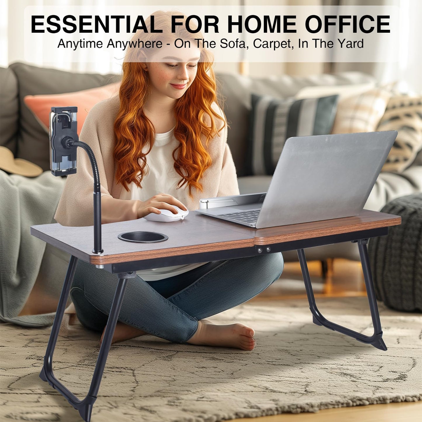 wishacc 28.7" Extra Wide Laptop Lap Desk for Bed and Sofa, Adjustable Bed Desk with Flexible Phone & Tablet Mount, Portable Black Lap Tray Table for Floor Couch Work, 2 Book Clips Included