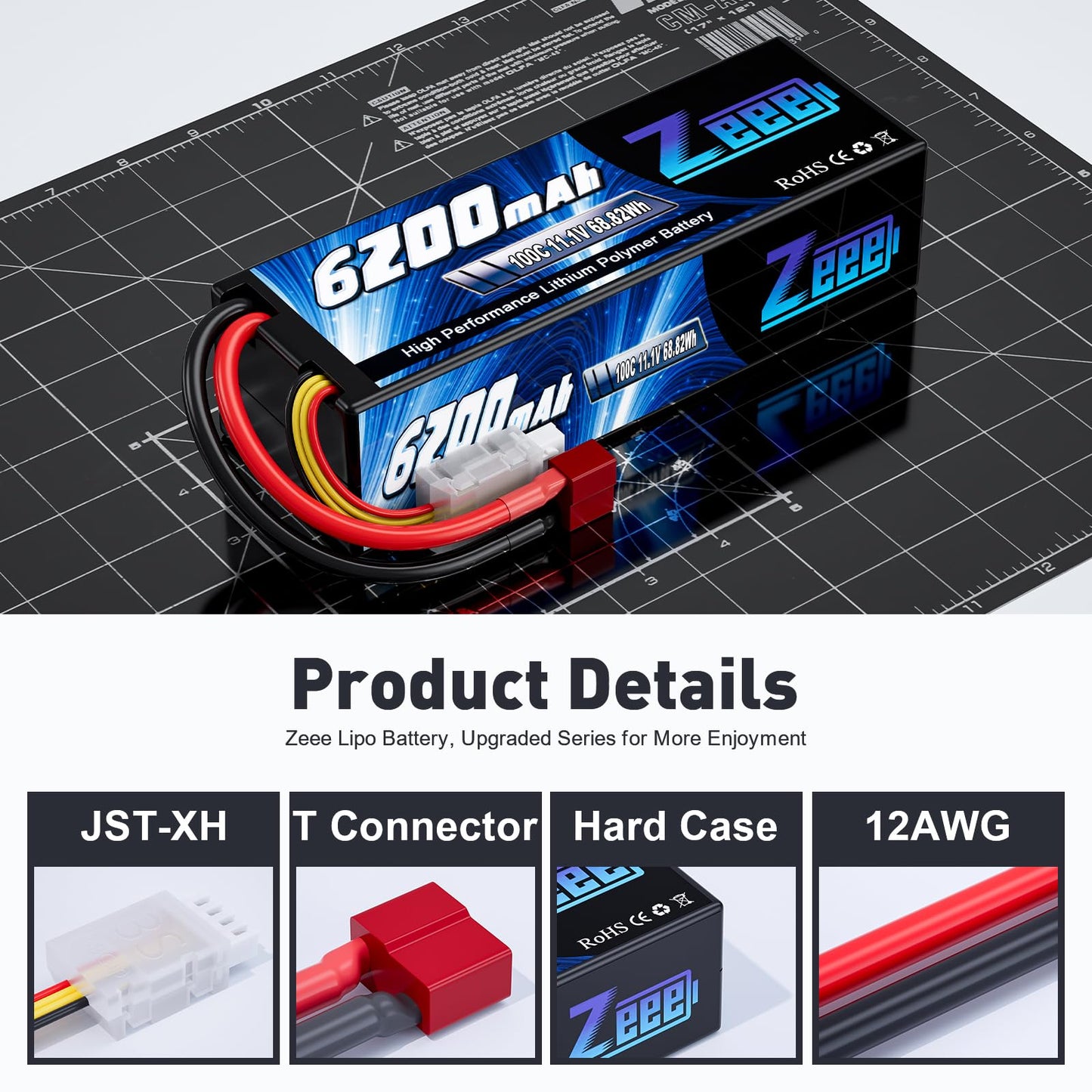Zeee 3S Lipo Battery 6200mAh 11.1V 100C Hard Case RC Battery with T Connector for 1/8 1/10 Scale Vehicles RC Car Tank Trucks Boats(2 Pack)