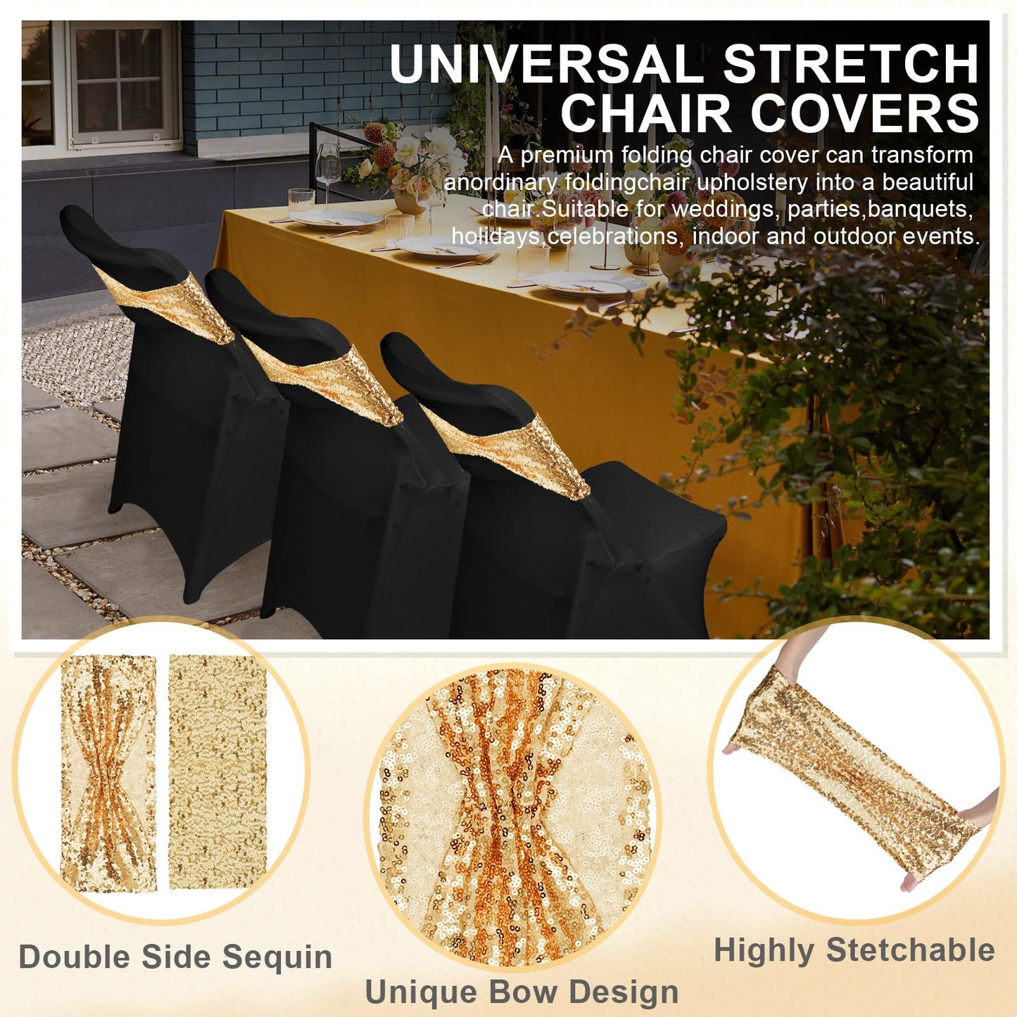 Windyun 50 Pcs Stretch Spandex Folding Chair Cover and Sequin Chair Sashes Set, 25 Double Sided Sequin Bows and 25 Universal Washable Protector for Wedding Banquet(Black, Gold)