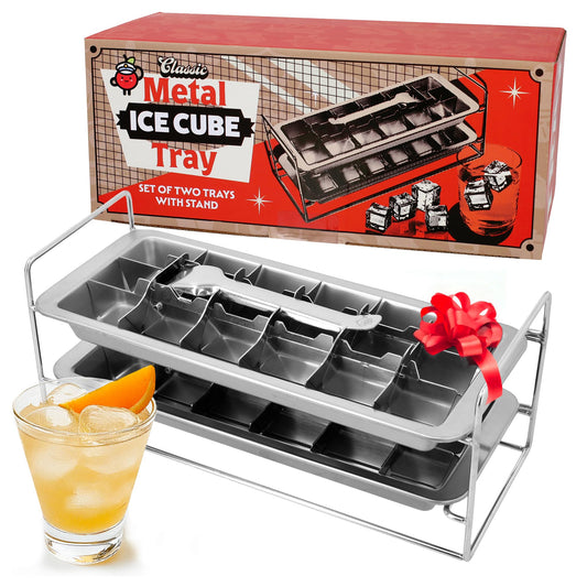 Captain Cranberry Stainless Steel Double Ice Cube Trays with lever and Stand (11", 36 cubes), Classic Metal Ice Cube Trays for Freezer, Non Toxic, Plastic Free, Dishwasher safe