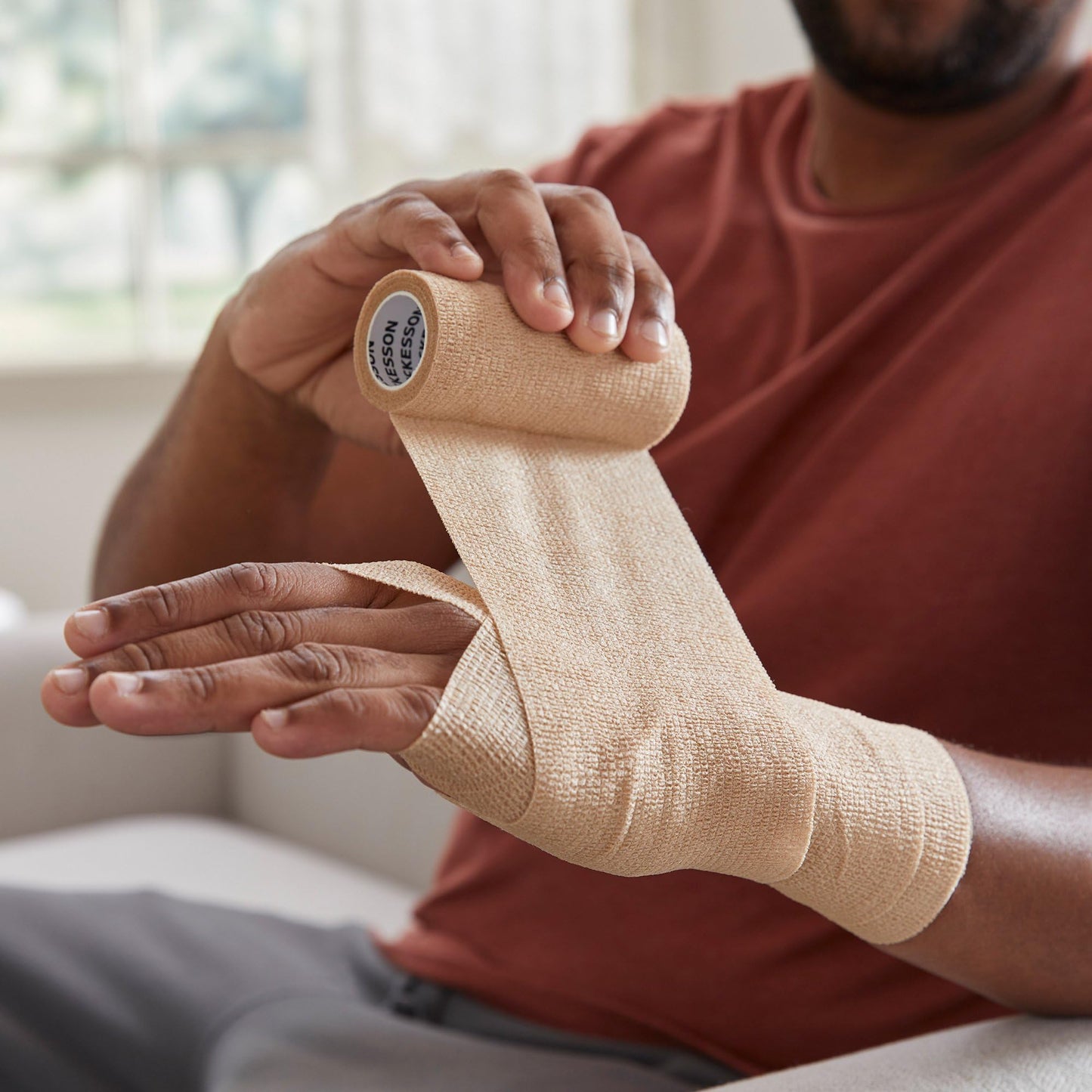 McKesson Elastic Cohesive Bandages, Beige, Non-Sterile, 4 in x 5 yds, 1 Count, 18 Packs, 18 Total