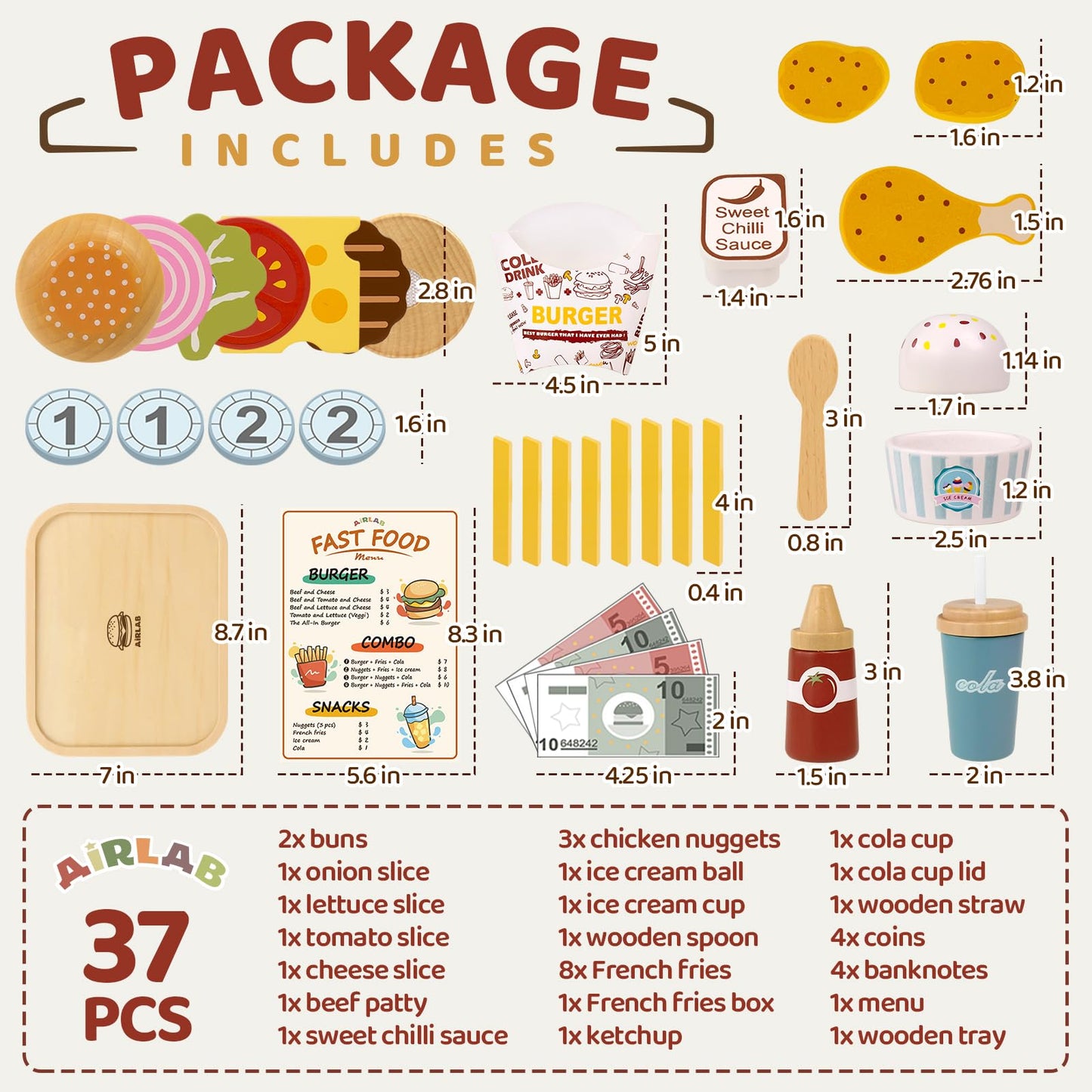 Airlab Wooden Play Food for Toddlers Pretend Play Sets 3-5 Year Old Food Toy Kitchen Accessories Birthday Gift for 3 Year Old Girl Boy 2-4 Age 4 5 6 Wood Educational Toys