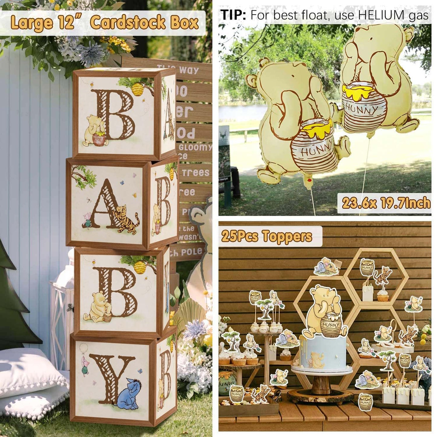 Classic Winnie Bear Baby Shower Decorations, Neutral All-In-One Pooh Baby Shower Balloon Arch Baby Boxes Backdrop Banner Tablecloth Cake Cupcake Topper Bee Stickers Mom To Be Sash Kit for Boys Girls