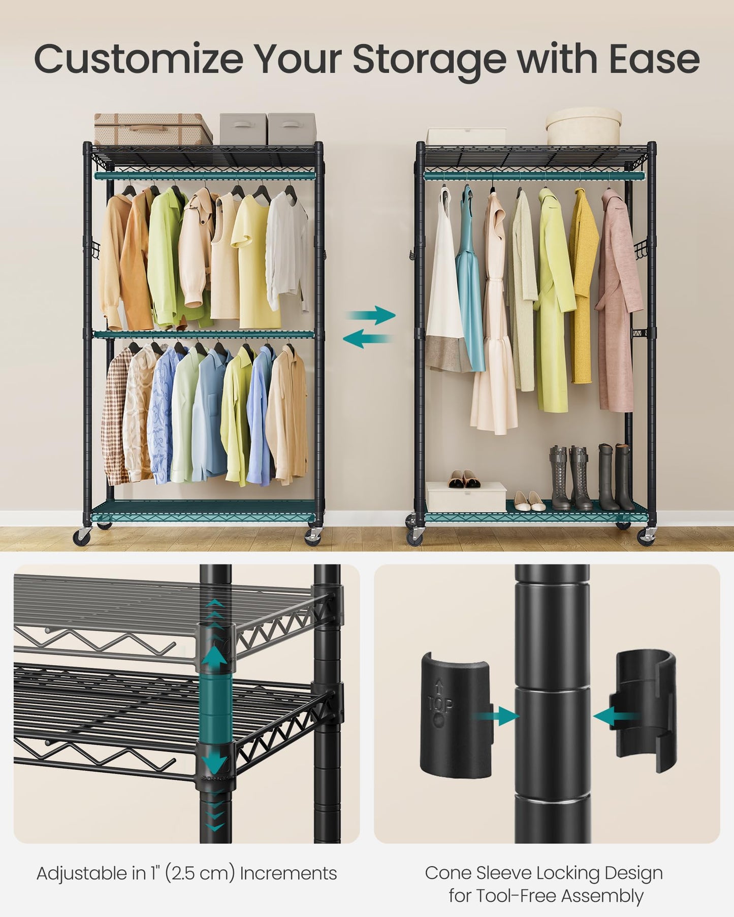 SONGMICS Heavy-Duty Rolling Clothes Rack, Garment Rack, Portable Closet on Wheels, with Adjustable Mesh Shelves and Hanging Rails, Hooks, 15.8 x 35.4 x 78.3 Inches, Ink Black ULGR416BH01