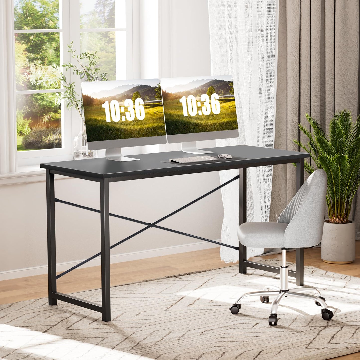 Sweetcrispy Computer Office Desk 55 Inch Student Study Writing Work with Metal Frame Wood Tabletop Modern Simple PC Home Bedroom Table - Black, Sturdy Compact Desk for Laptop, Study, Gaming