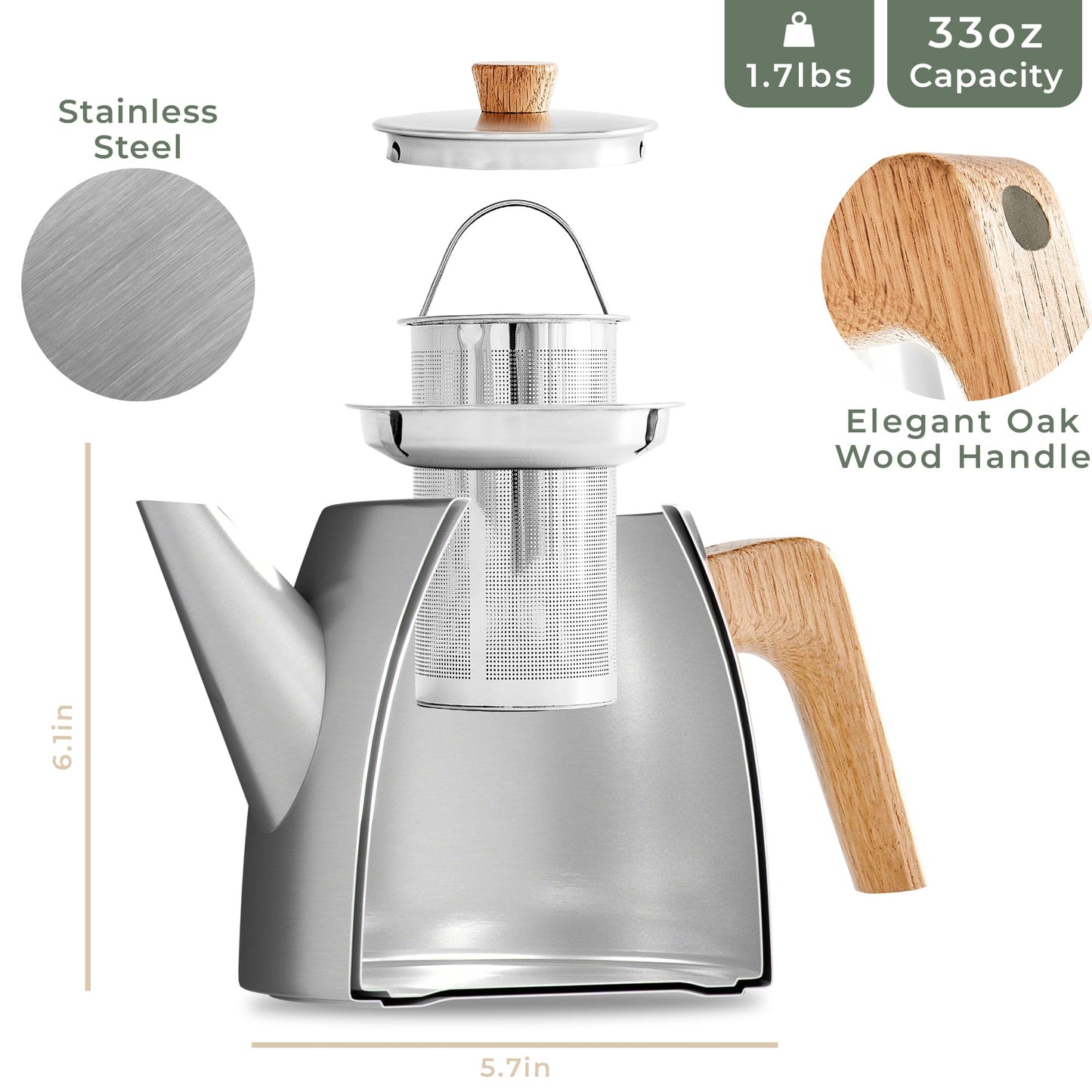 WALDWERK Tea Pot with Infuser - Double Wall Stainless Steel Teapot - Tea Pot with Infuser for Loose Tea - Made from 304 Stainless Steel and Oak Wood - Isolated Teapot with Strainer - 100% Drip Free