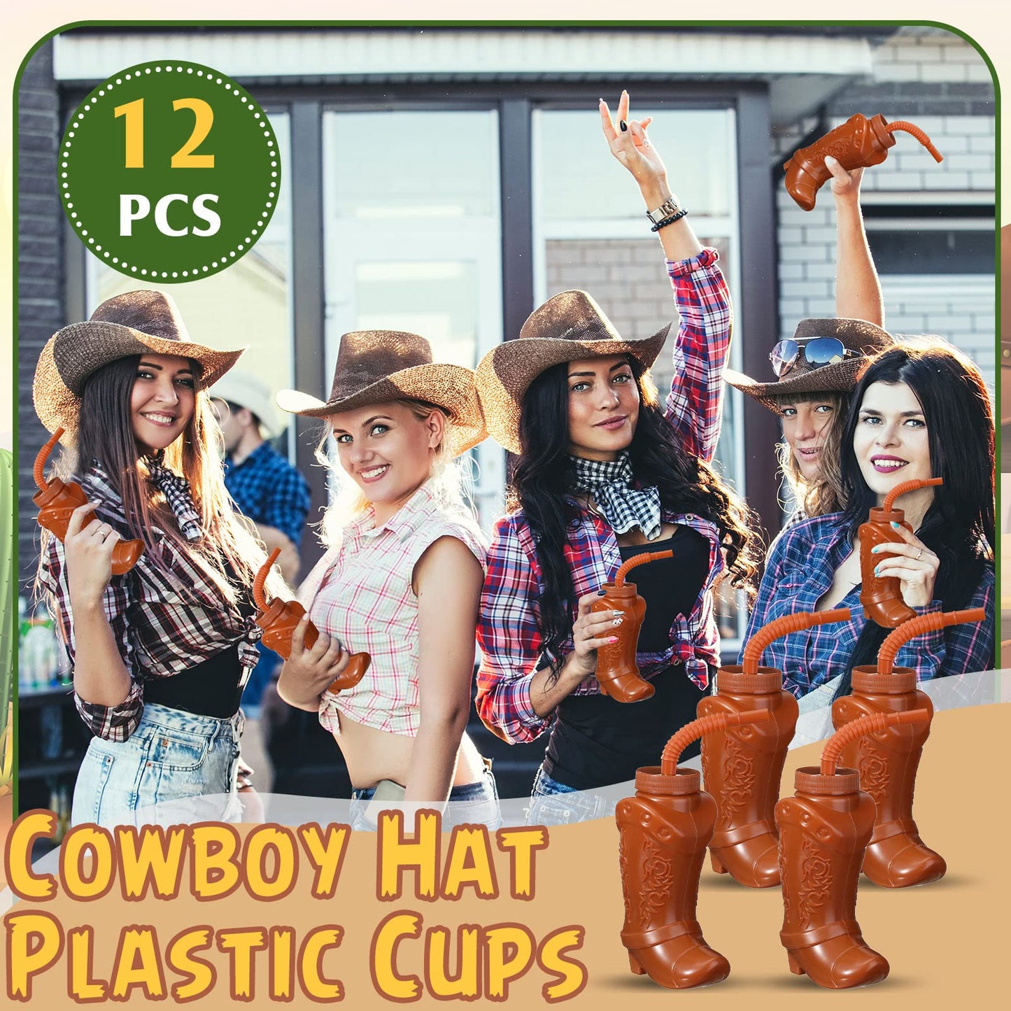 Hoolerry 24 Pcs 10 oz Plastic Cowboy Boot Cups with Straws and Lids Plastic Cowboy Cups for Western Themed Party Supplies and Rodeo Party Decorations (Brown)