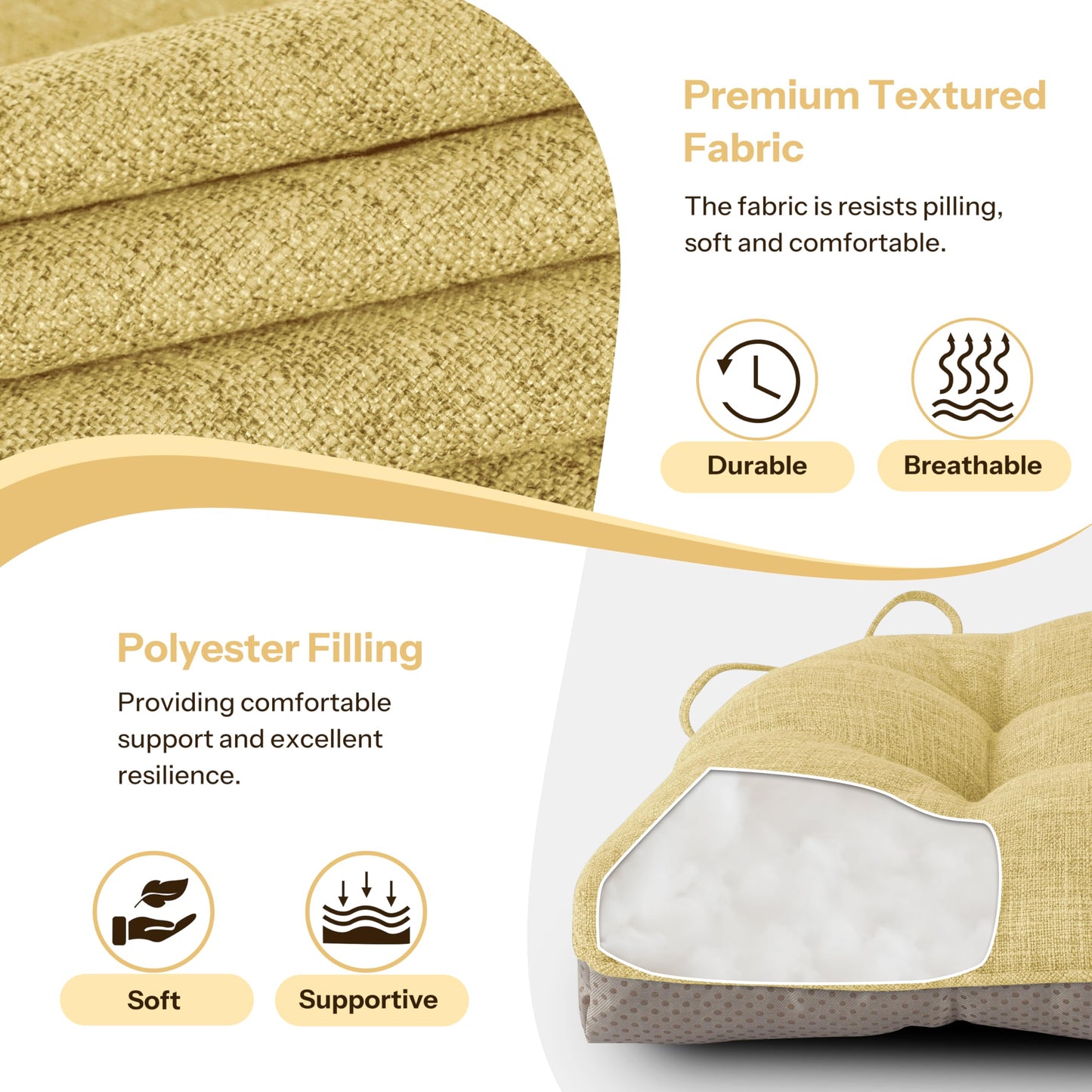 FlyGulls Non Slip Chair Cushions for Dining Chairs Set of 4 Kitchen Chair Cushions 18"x18"x3" Turfted Chair Pads Comfortable and Soft Seat Cushion with Ties, Yellow