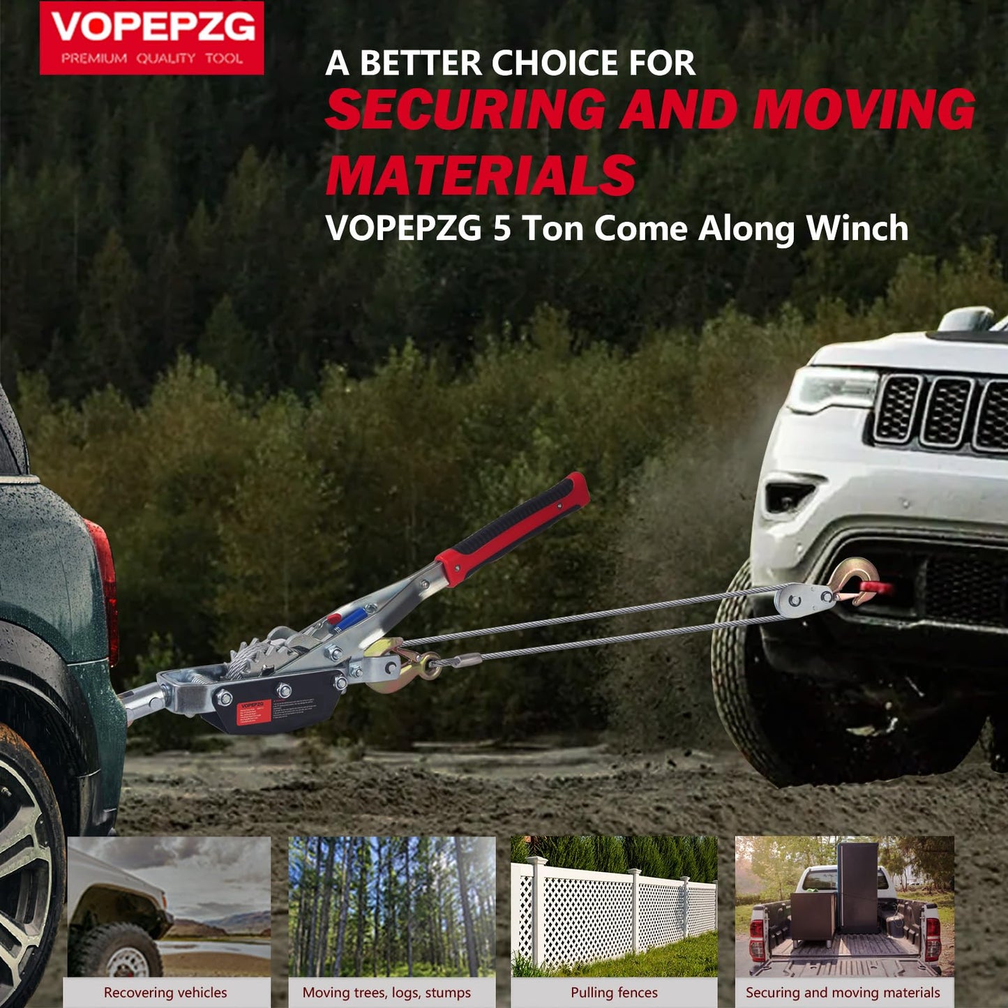 VOPEPZG Come Along Winch,5 Ton Capacity with 11.5FT Steel Cable,Heavy Duty Come Along Tool with Dual Gears,3 Hooks,Hand Winch Tool for Road Vehicle Recovery and Pulling Tree,Fence Stretcher,Frame