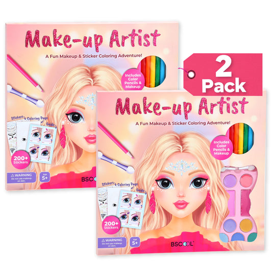BSCOOL Make-up Artist Kit - 2 Sets Pretend Play Makeup & Sticker Coloring Book, Includes Palette, Brushes, Pencils & 200+ Stickers, Girls Beauty Toy Ages 5+