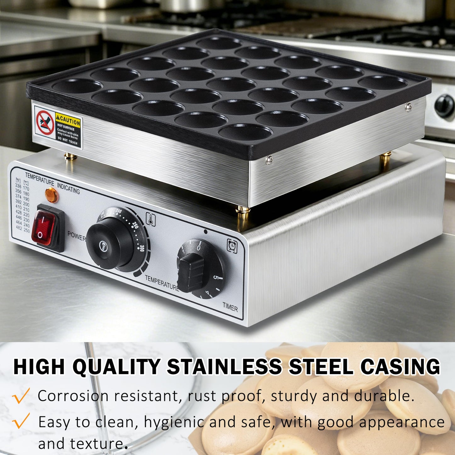 Mini Pancake Maker, 25-Cup Commercial Dutch Pancake Machine, 950W Non-Stick Electric Poffertjes Maker with Temp & Timer for Restaurant, Food Truck, Breakfast Shop