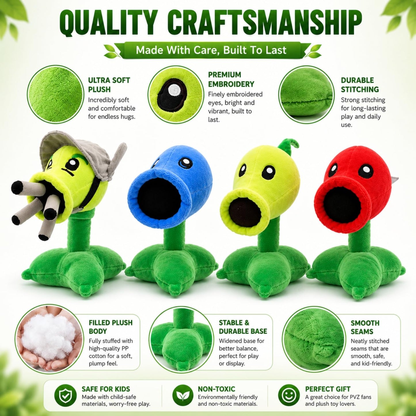 Dyharnsty 4Pcs Plants vs Zombies Plush Toys Peashooter Soft Figure Doll, Plants vs Zombies Toys PVZ Plush Plants 1 2 Set