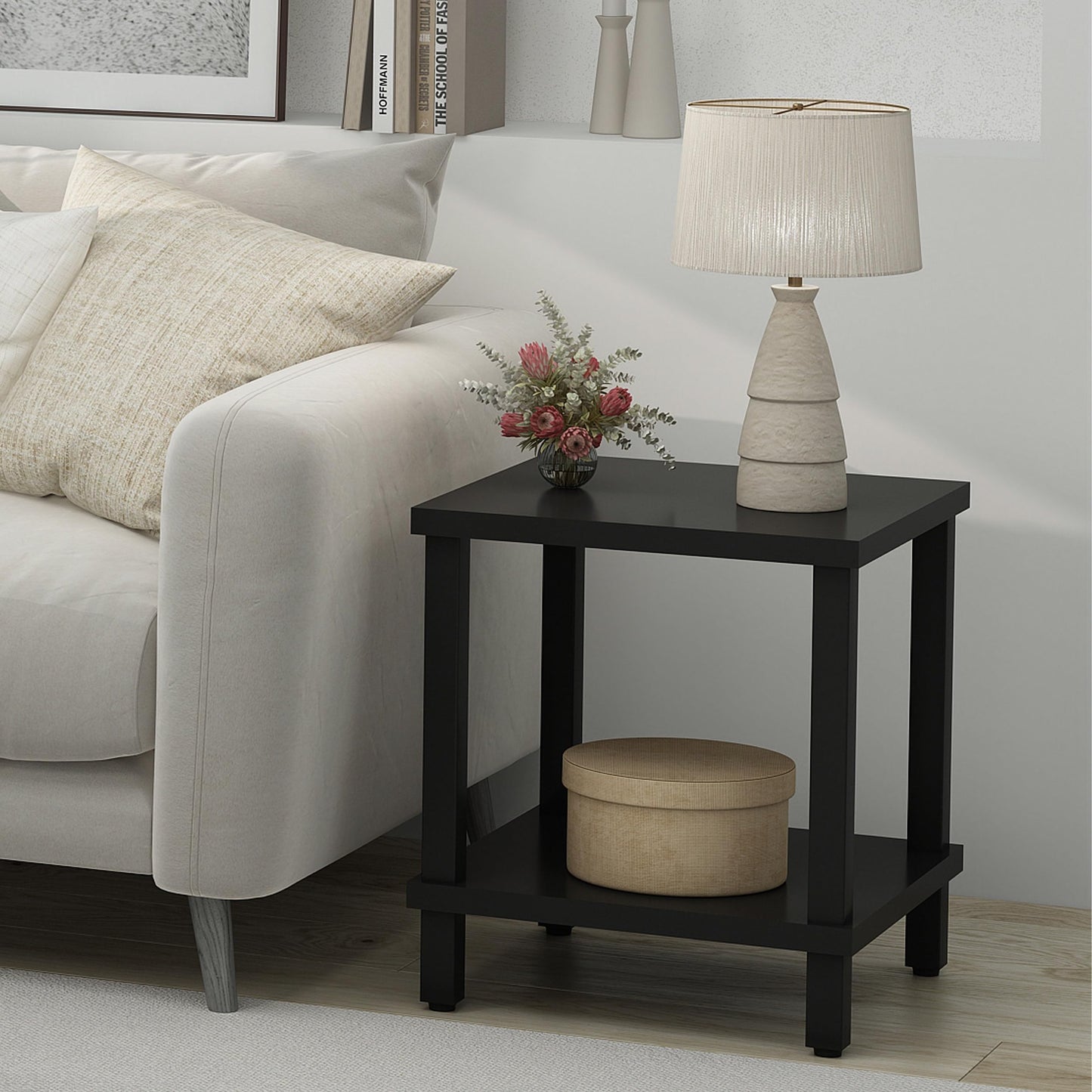 MMEOLUOOK Large End Table Square Side Table Modern Sofa Table 20 Inch Industrial Coffee Table NightStand with 2-Tier Storage Shelf for Living Room Bedroom Black MLBZ06B