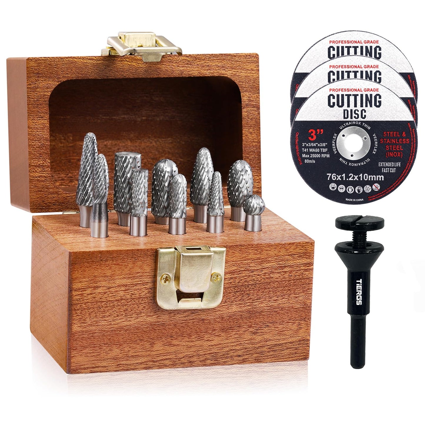 TiERGS Tungsten Carbide Burr Set 1/4" Shank, 10PC Double‑Cut Die Grinder Bits for Metal Grinding, Deburring – Fits DeWalt, Milwaukee Die Grinders Accessories + 1Pcs Mandrel & 3Pcs 3inch Cut Off Wheel