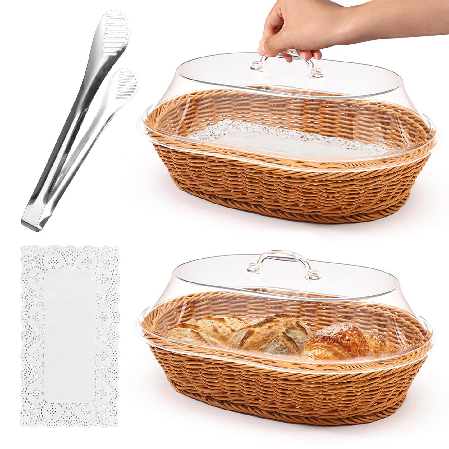 Rattan Bread Baskets, 2 Pack, Oval Woven Baskets with Acrylic Lids, 15.75 x 11.81 inches, Stainless Steel Tongs, Lace Doilies, for Bread, Fruit, Food Display