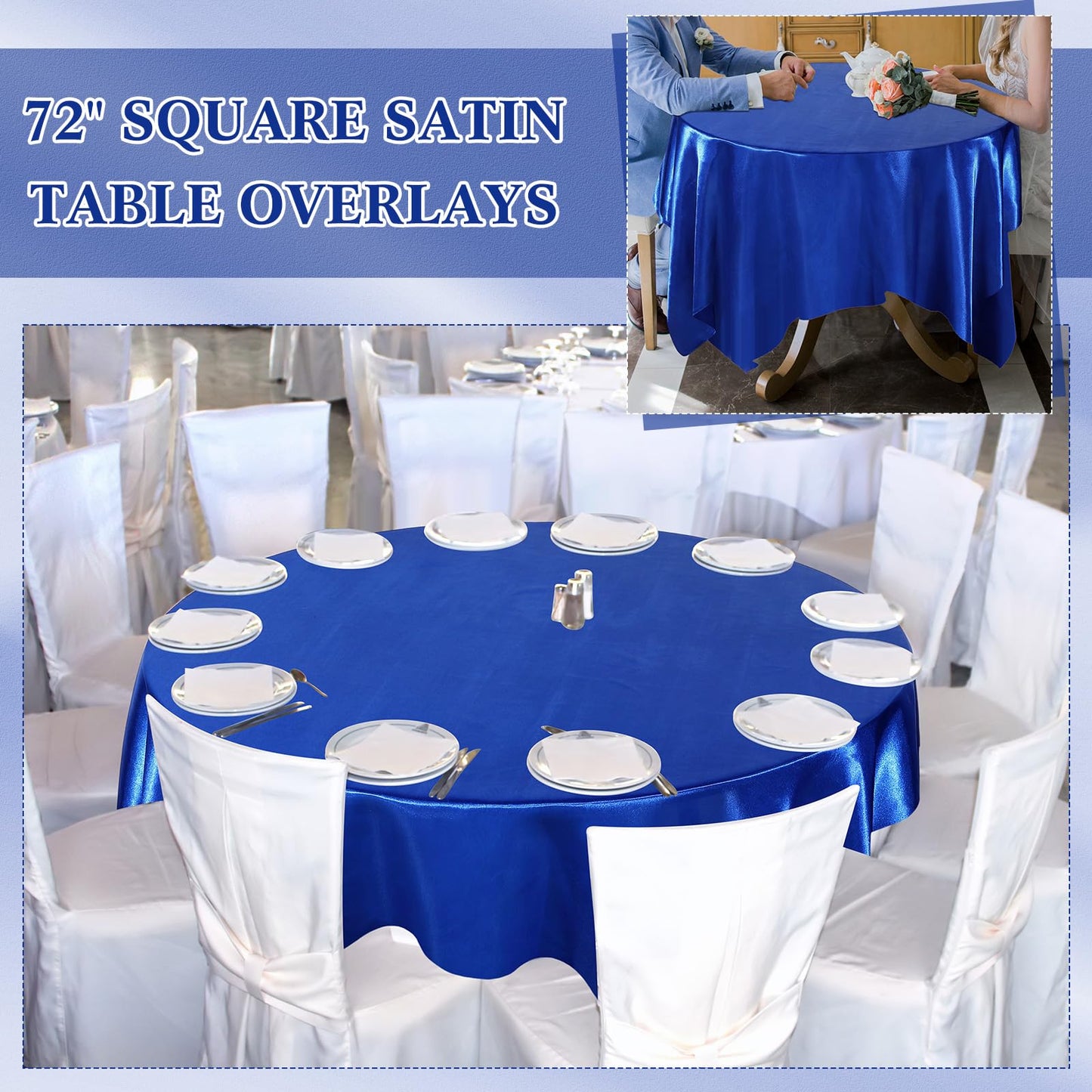 Newwiee 12 Pcs 72 Inch Satin Tablecloth Square Overlay Smooth Fabric Tablecloth Satin Table Cover for Party Wedding Banquet Table Decoration(Royal Blue)