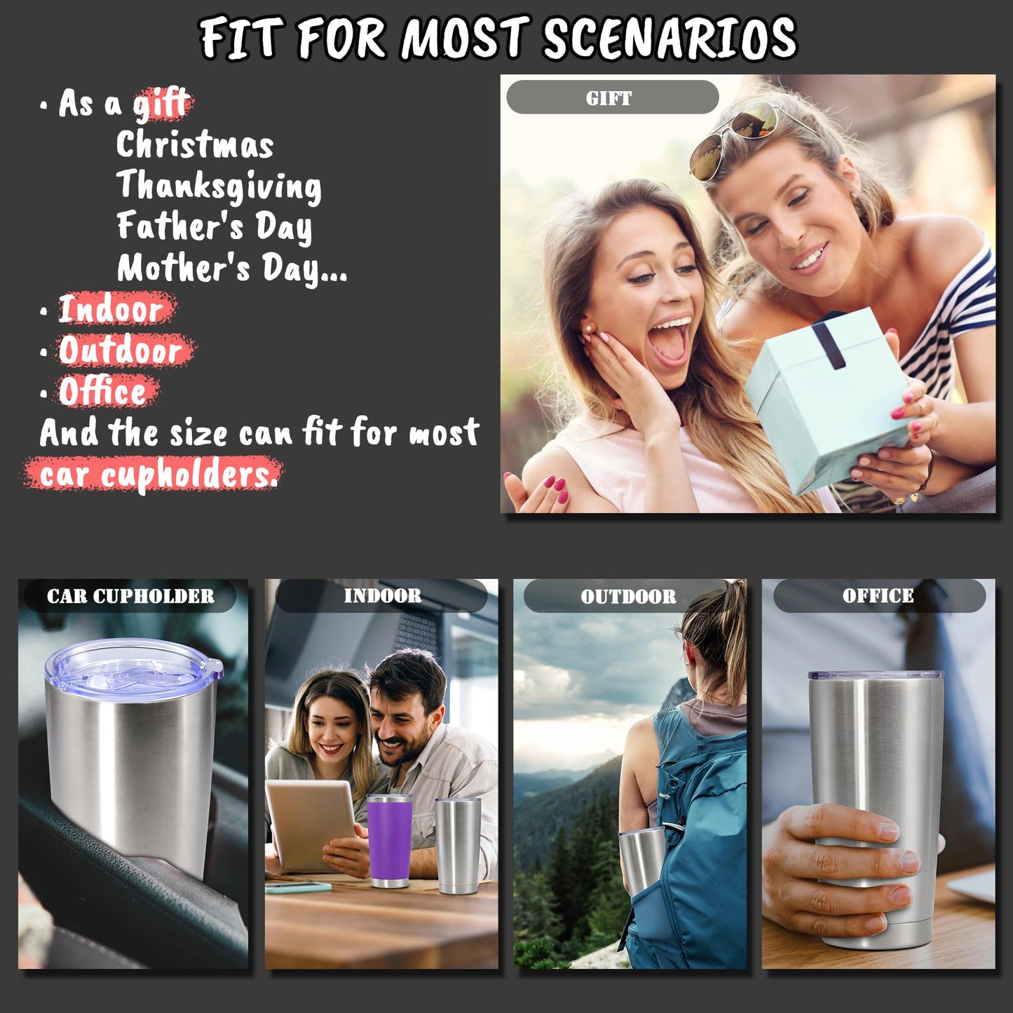 Eyasure 20 oz Tumbler with lid Double Wall Vacuum Insulated Tumblers Stainless Steel Coffee Mug Travel Coffee Tumbler Powder Coated Tumbler Cup Keep Hot&Cold - (Stainless 6 Pack)
