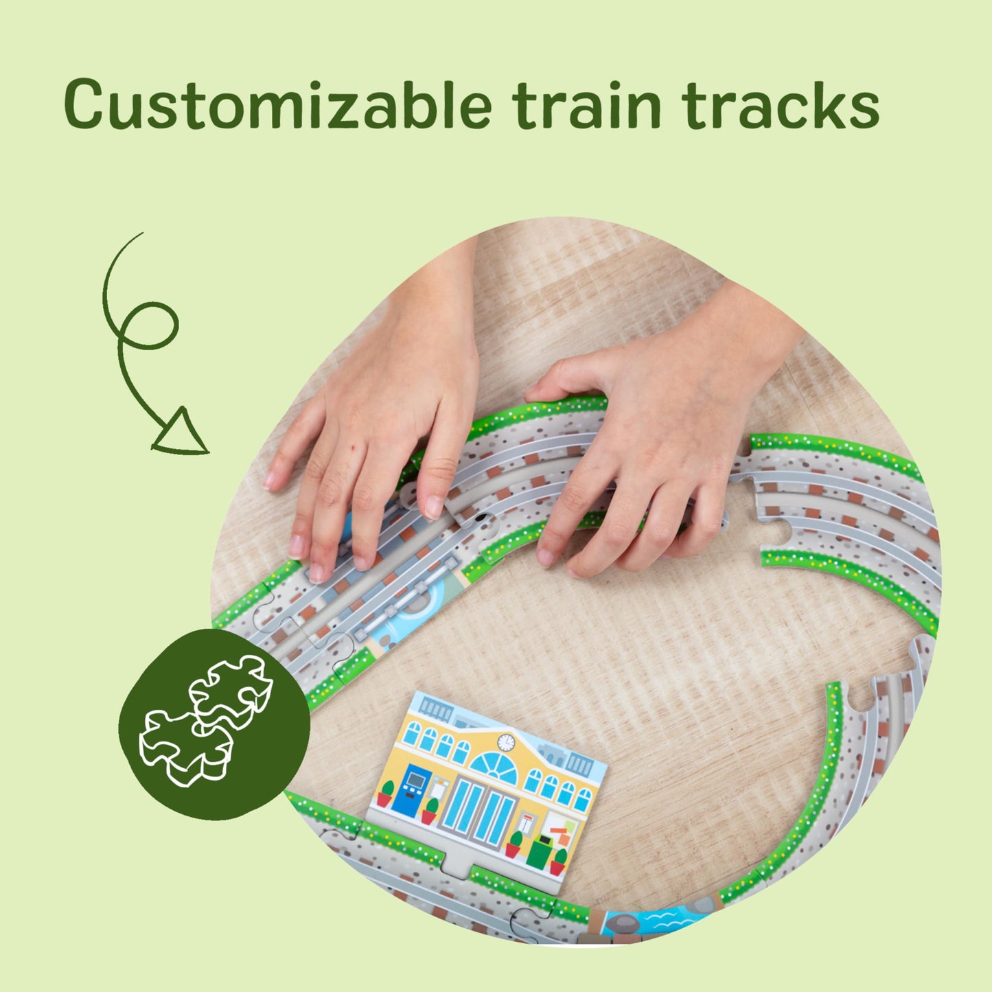 Melissa & Doug Design Your Own Railroad 48-Piece Floor Puzzle with 2 Wind-up Toy Trains and Interchangeable Scenery, Kids Puzzles with Preschool Toys for Girls & Boys Ages 4 and Up - FSC Certified