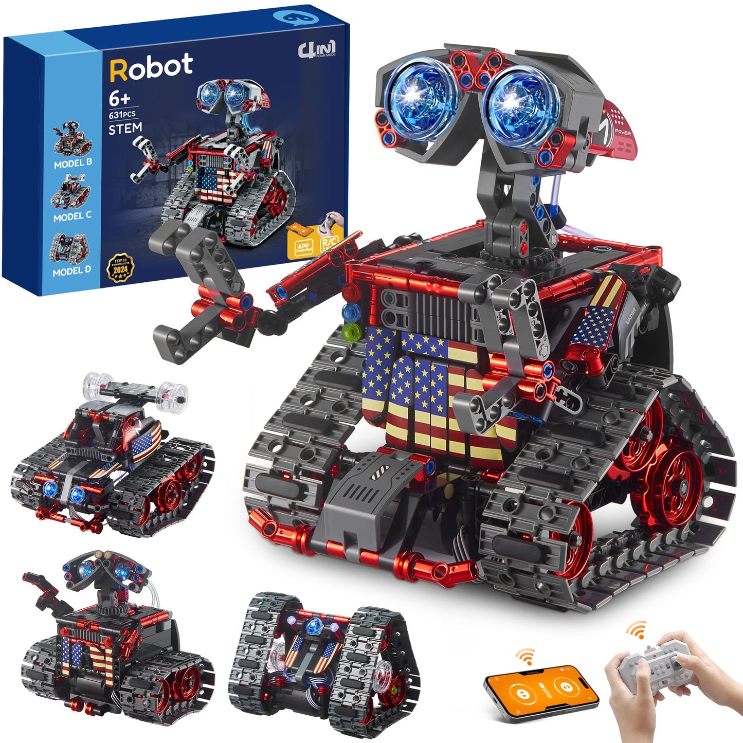 JOJO&Peach Stem Robot Building Toys, Remote & APP Controlled 4 in 1 Wall Robot/Stunt Car/Triangle Robot, STEM Projects Creative Gifts Toys for Boys Girls 6 7 8-12 (631Pieces)