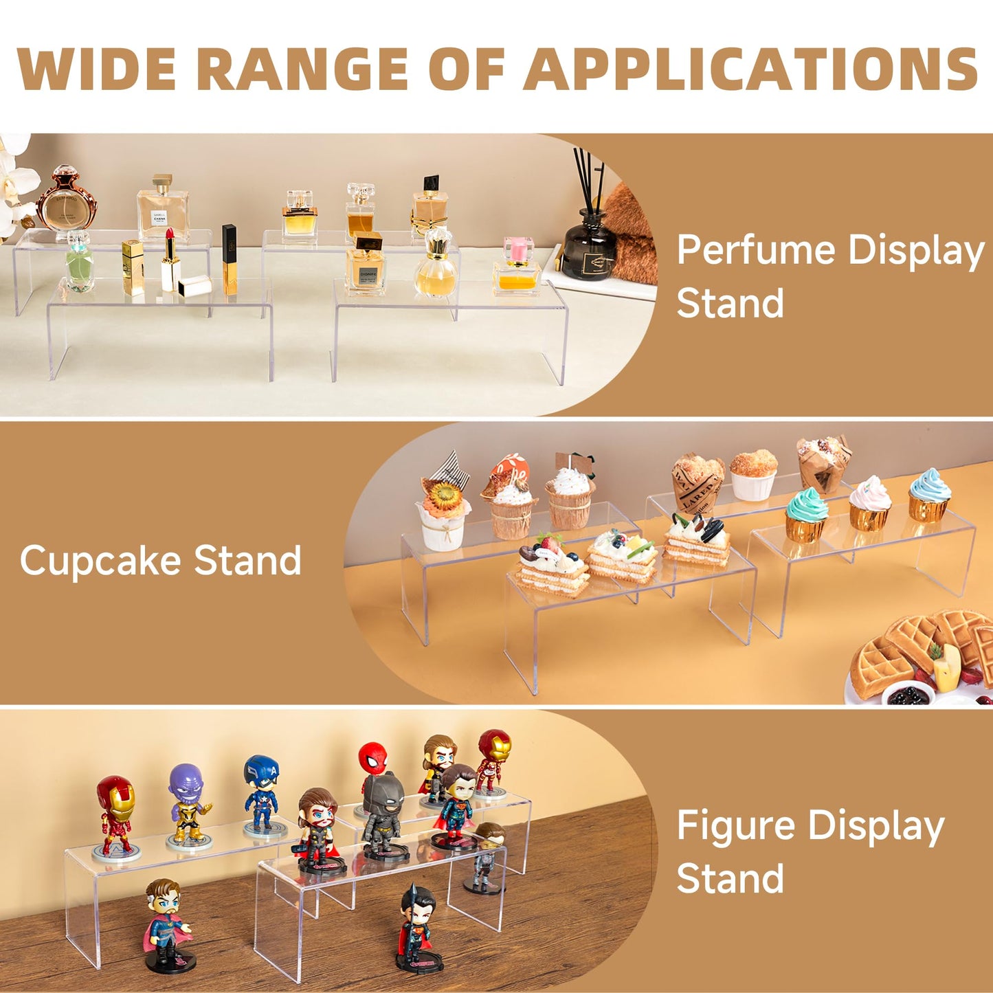 Aminigram 8 Pack Large Acrylic Risers Display Stands, Perfume Organizer Stand, Clear Acrylic Shelf for Show Display, Toys, Cupcake, Dorm, Classroom, Livingroom Decor and More(12.4 x 4 x 4.6 inches)
