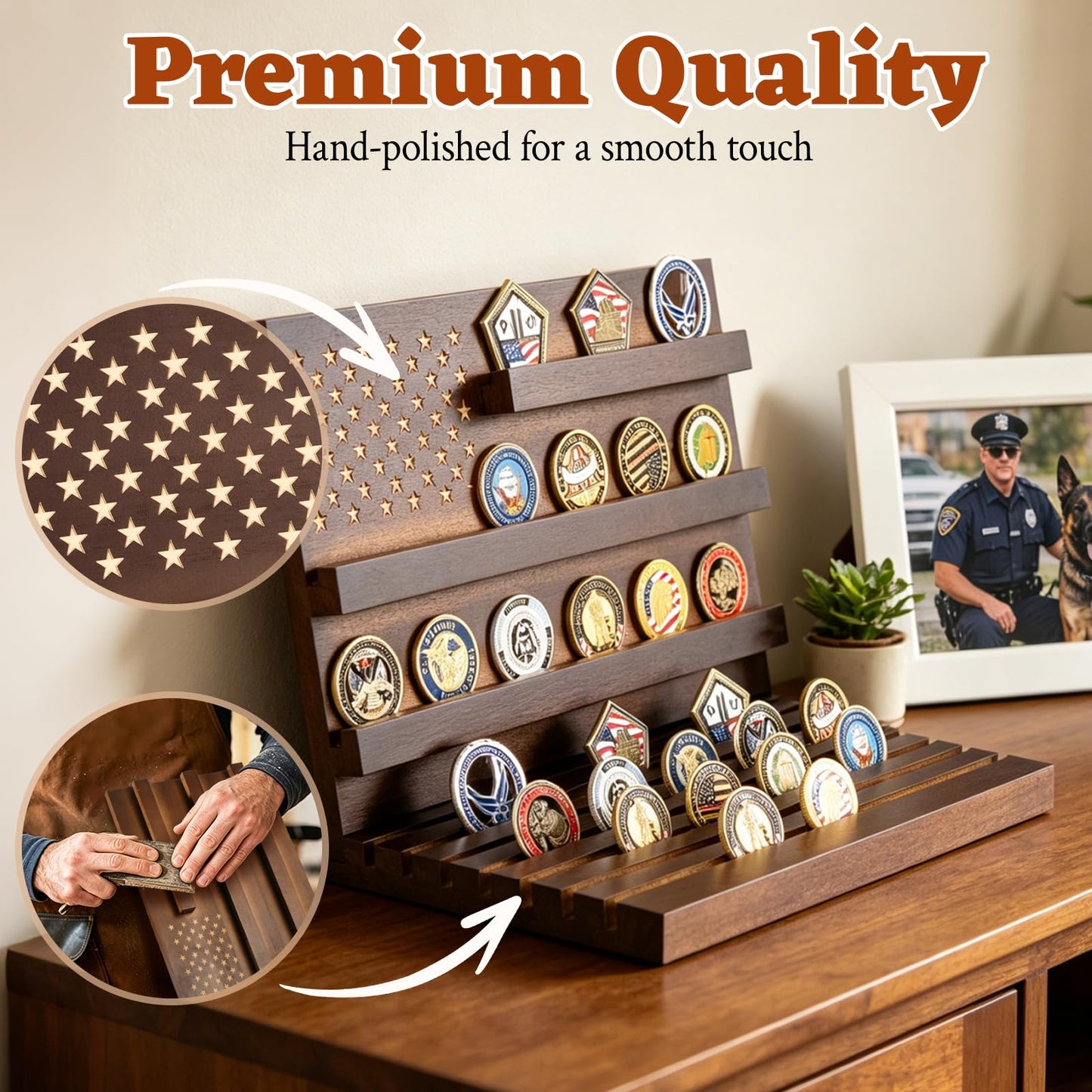 Yncotte Challenge Coin Display, Slotted Stands Military Coin Holder Display Rack Solid Wood for Army Coin Collection Desk Tabletop Decorative Stands, Large Capacity of 80 Coins 8 Raw (Walnut)