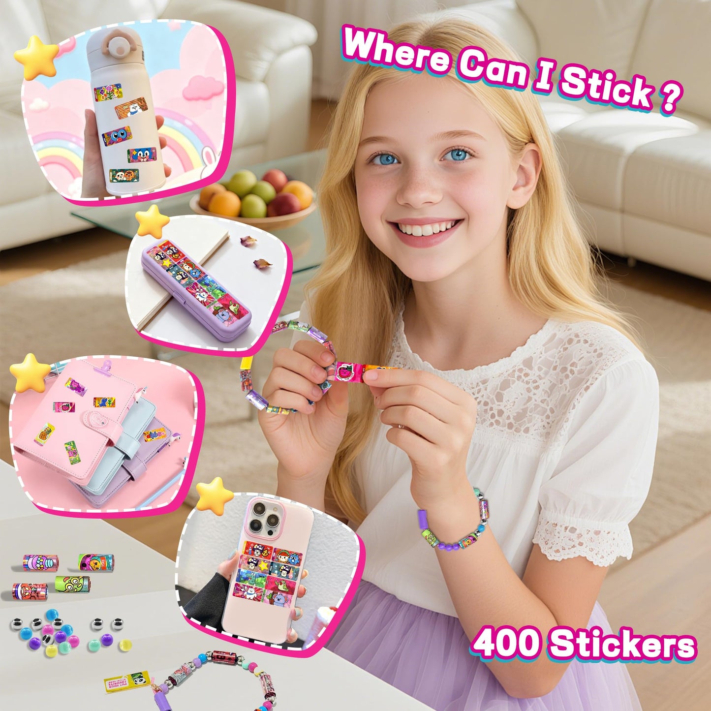 Creative Sticker Bracelet DIY Kit with 400 Mini Sticky Rolls – Wearable & Shareable STICKI Rolls 100-Page Sticker Book, Reusable Arts & Crafts for Kids Ages 5–12 (Girls & Boys