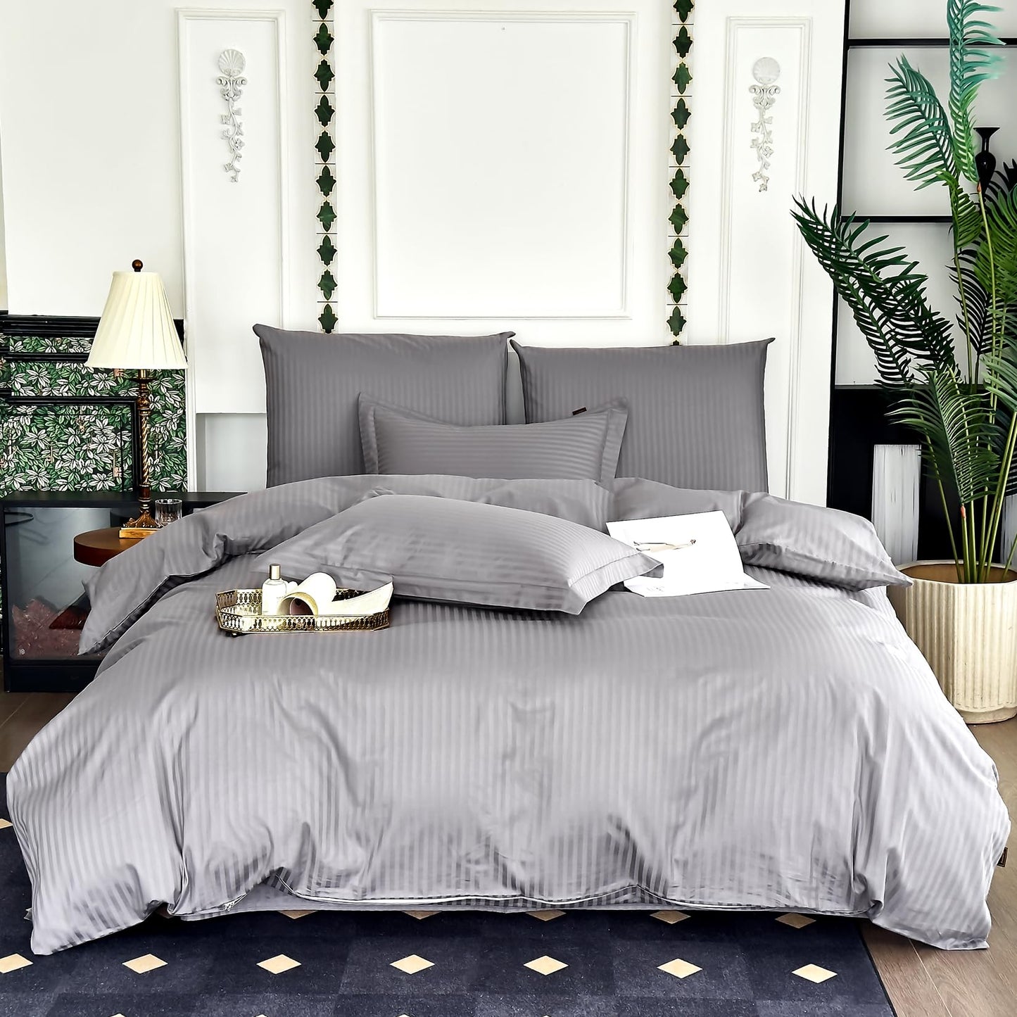 Amolavet Hotel Duvet Cover King Size Cotton Dark Grey Satin Pin Striped with Zipper - Duvet Cover King 3 Pcs Set 104x90 (1 Duvet Cover & 2 Pillow Shams) - Comforter/Quilt Cover King Size