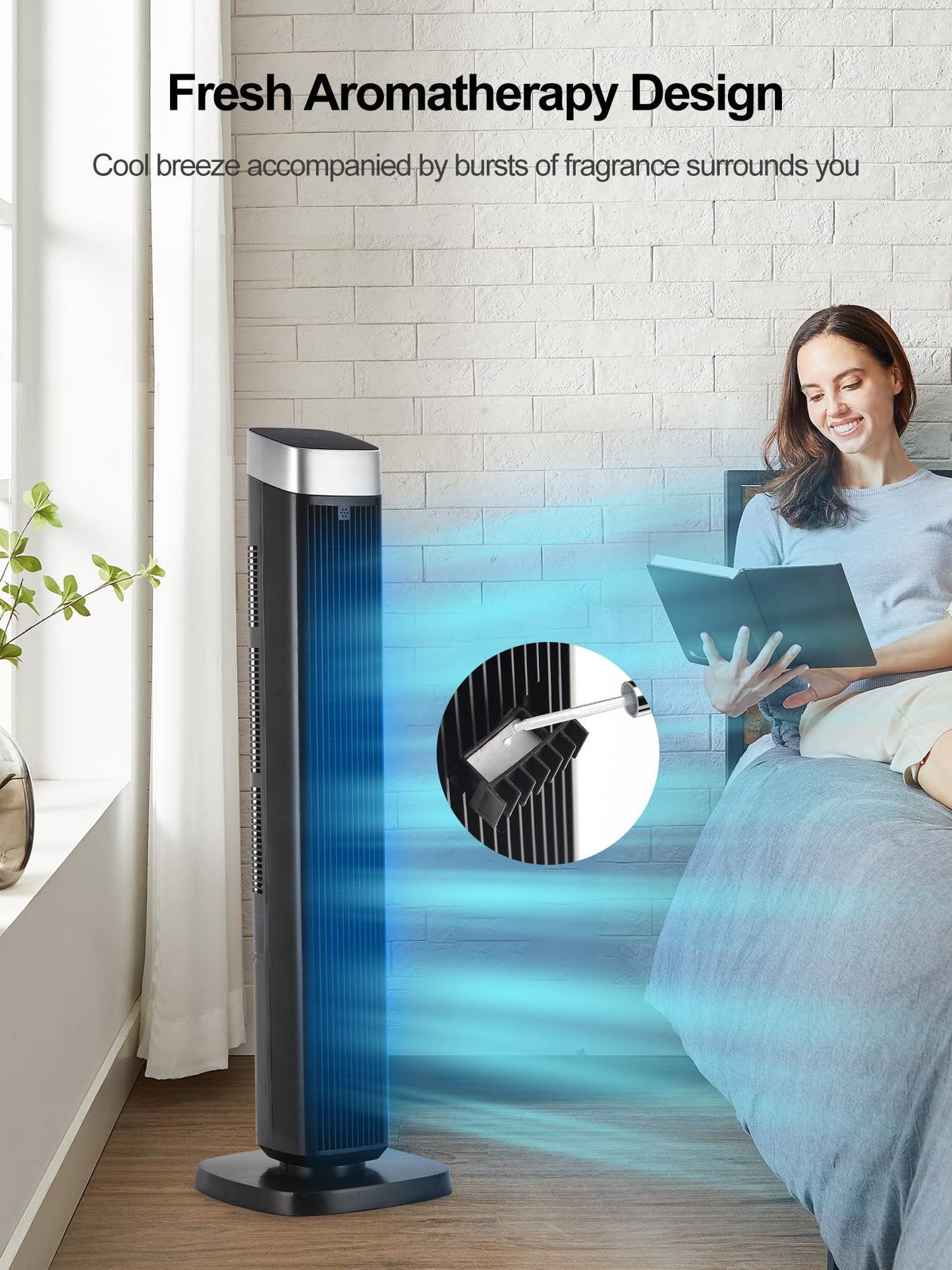 Uthfy 41" Tower Fan for Bedroom, 120° Oscillating Standing Fan with 24H Timer, Built-In Aromatherapy Box, Remote Control, 25ft/s High-Speed, 3 Speeds, 3 Modes, Quiet Floor Fan for Room, Home, Office