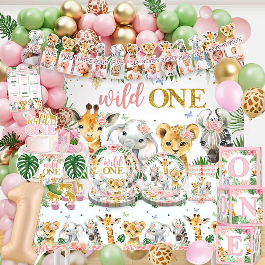 Cocomigo 184pcs Wild One Birthday Decorations Girl, Wild One Party Decorations Include Plate Banner Backdrop Tablecloth Cake Topper Pink Balloon Arch for Wild One Birthday Decorations