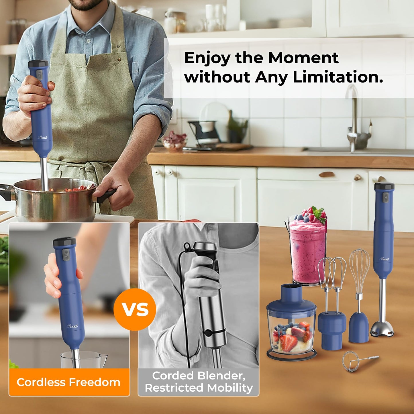 Rosewill 6-in-1 Multi-Speed Cordless Rechargeable Immersion Hand Blender, Heavy Duty Motor - Stick Blender, Beaker, Whisk, Chopper, Dual Beater, Milk Frother - For Smoothies, Baby Food, Soup - Blue