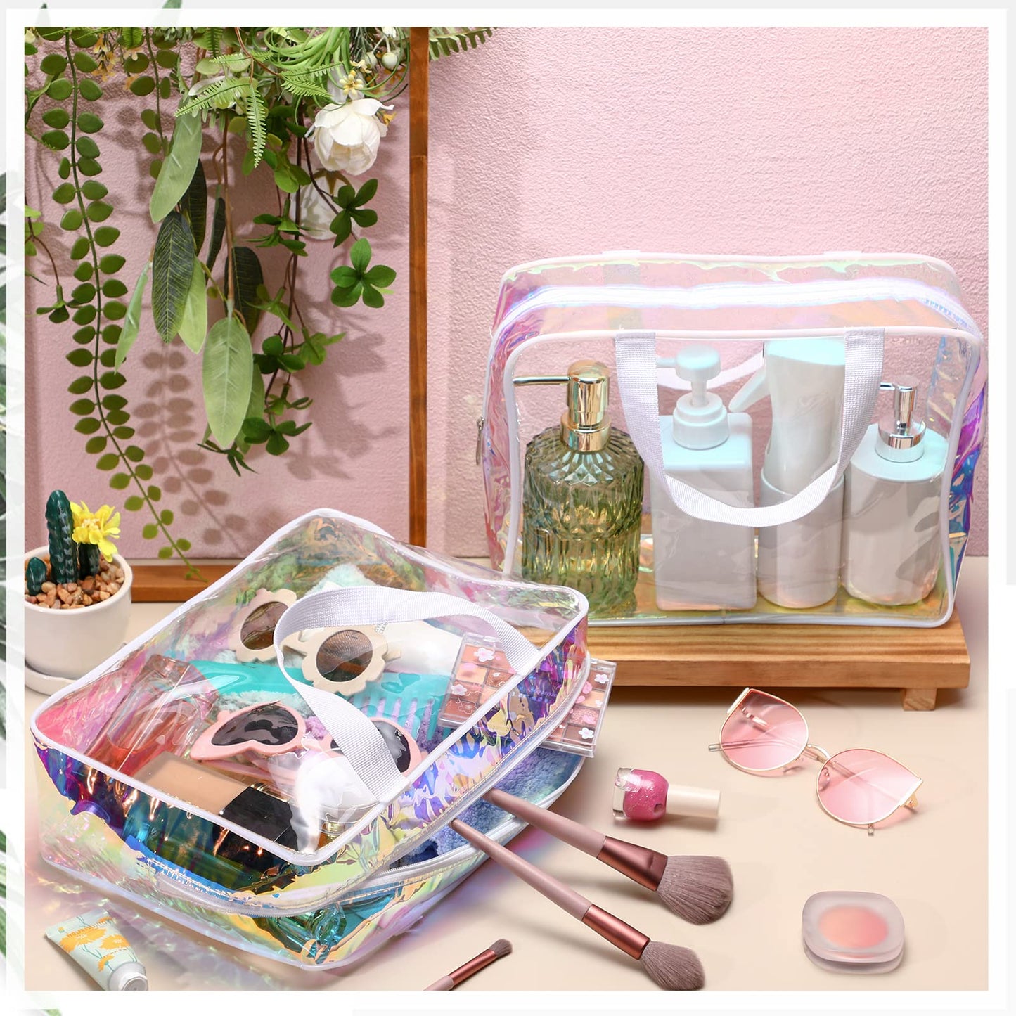 Sweetude 10 Pcs Large Clear Toiletry Bag Large Capacity Travel Makeup Bag PVC Clear Plastic Tote Bag Iridescent Cosmetic Bag Cosmetic Clothes Organizer Bag for Women Men
