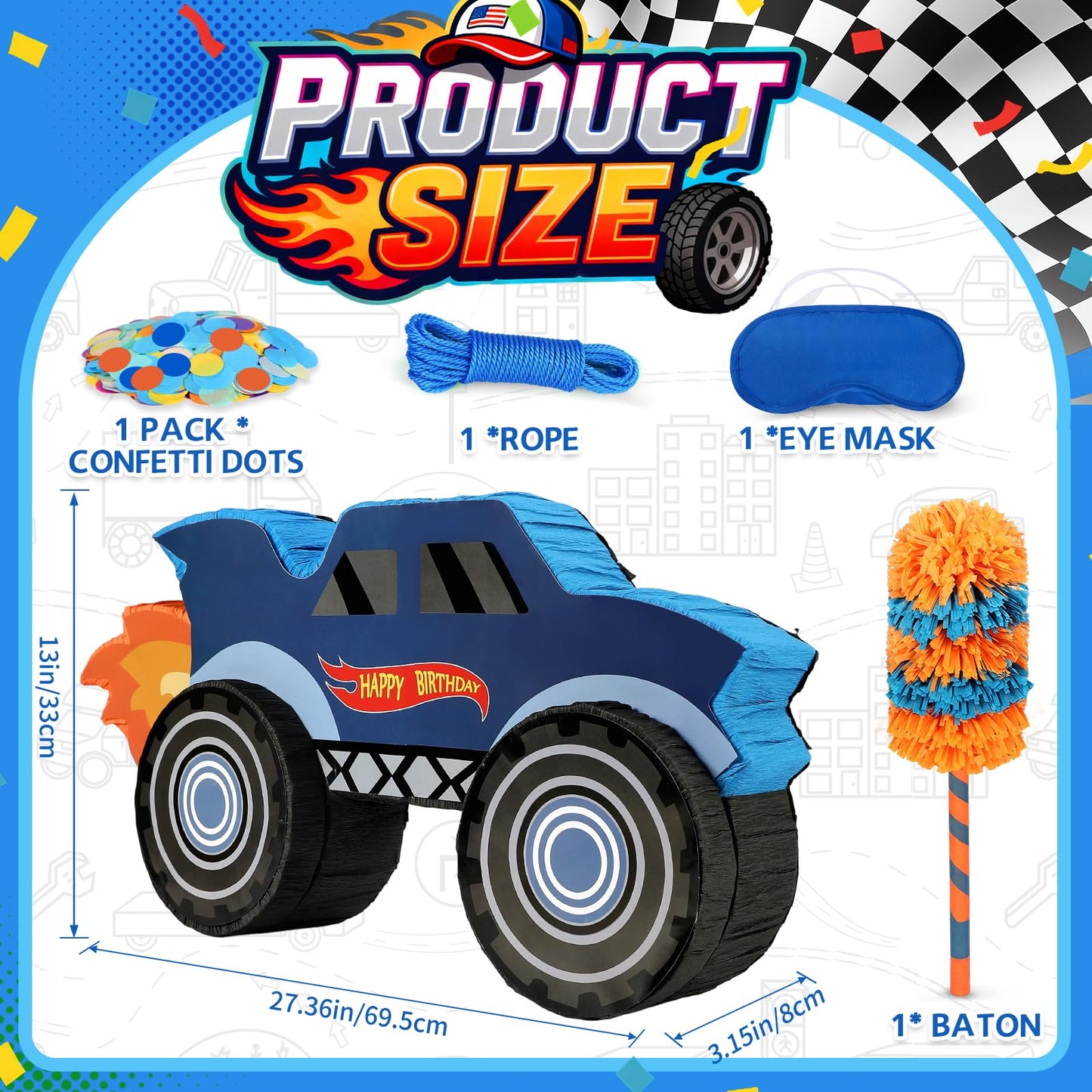 27" Race Car Piñata, Monster Truck Pinata Bundle with Blindfold and Bat Party Favors for Kids Boys Exciting Party Games Supplies