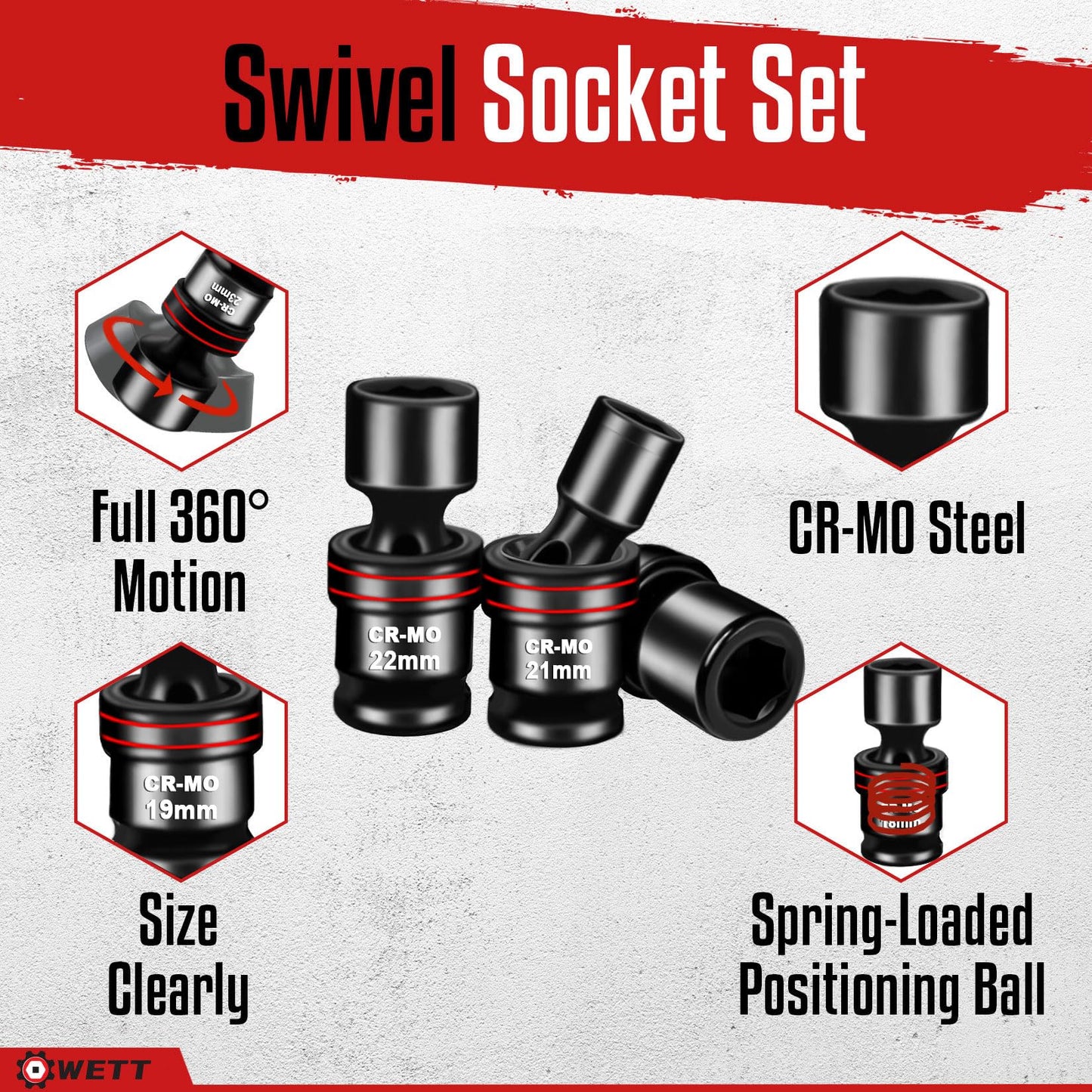 WETT 18-Piece 1/2" Drive Shallow Impact Universal Joint Socket Set, Metric Swivel Socket Set (10-24mm), Flexible Wobble Sockets with 3", 6" Extension Bar, Adapter, 6 Point, CR-MO Steel