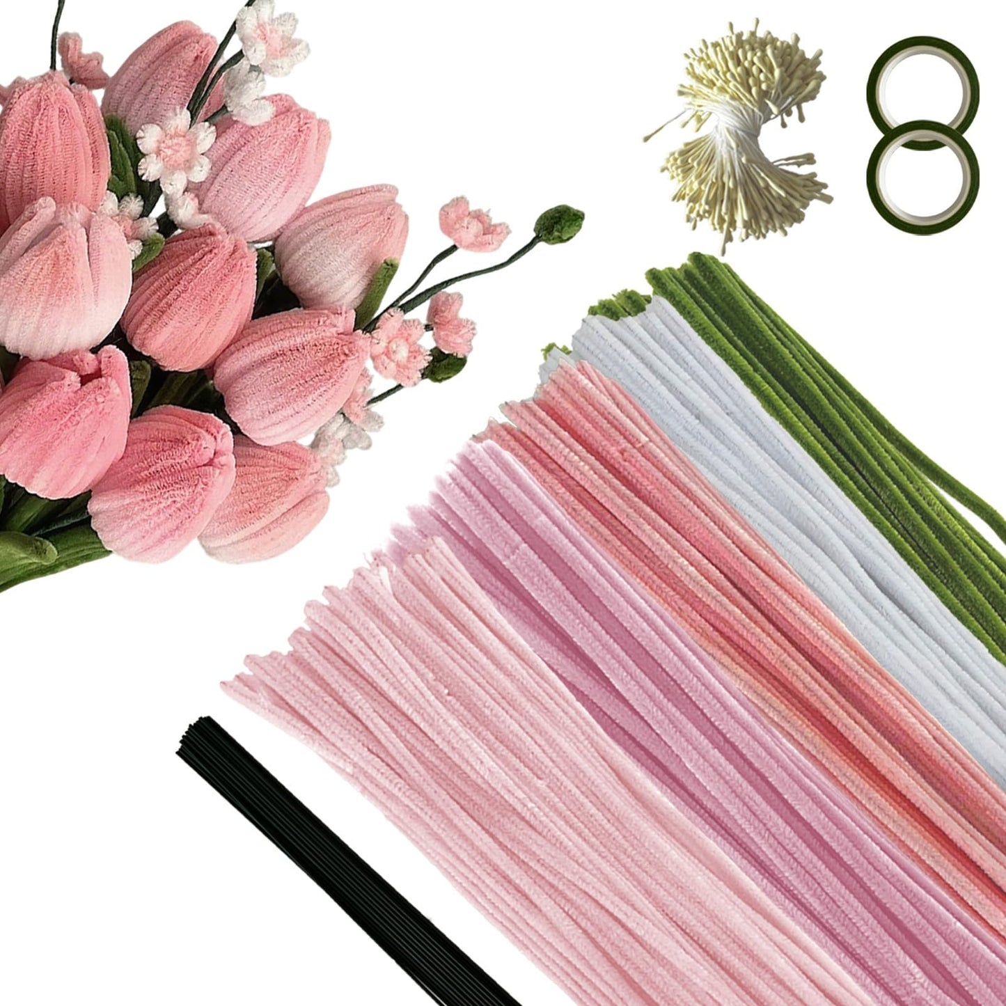 Homxzioa 500 Pcs Pipe Cleaner Flower Kit, Chenille Stems Craft for DIY Flower Making, Pipe Cleaners Bulk Kit with Green Floral Wires,Gardening Tape,Stamen